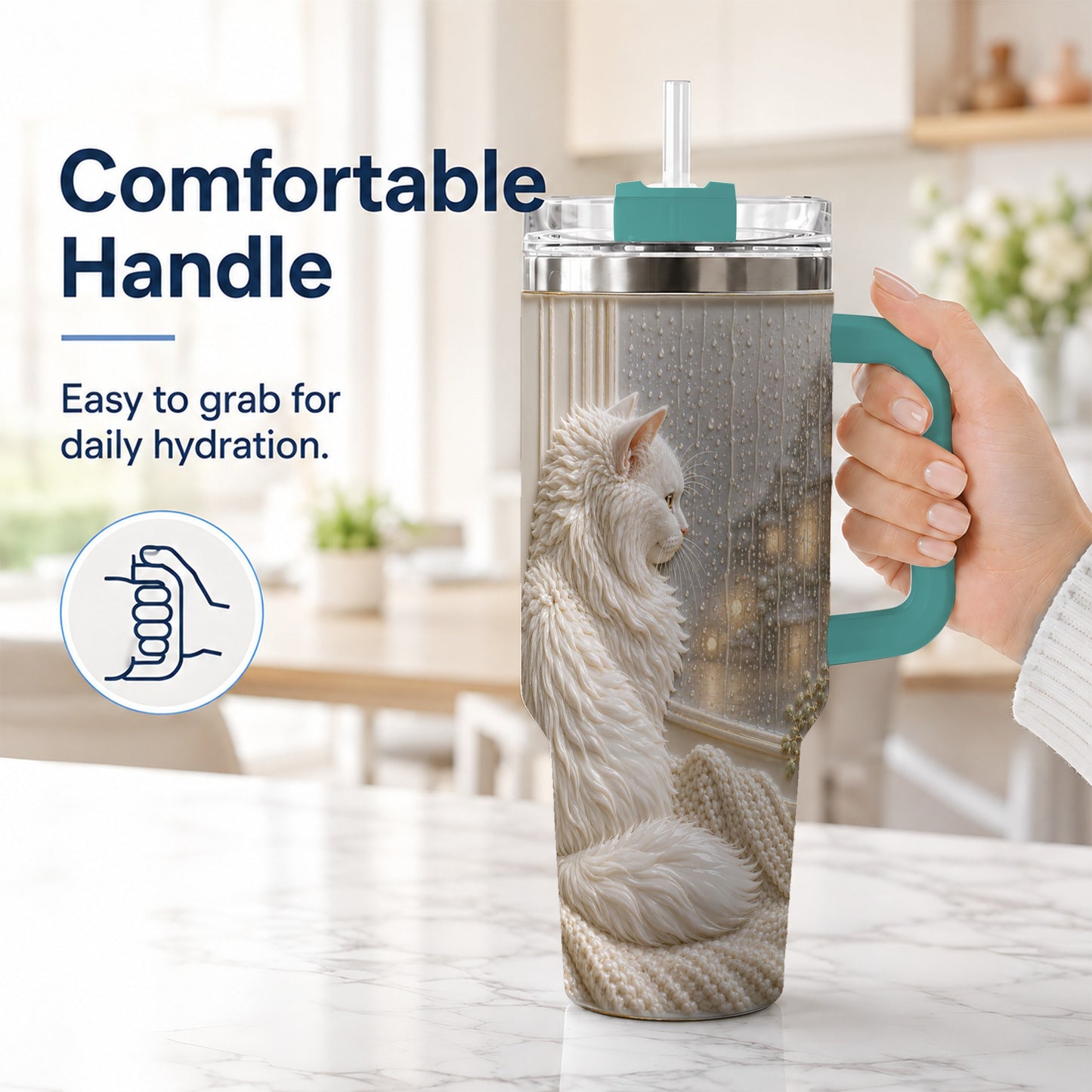 #pl[40oz|Green] Rainy Window Cat 40oz Tumbler with Handle, Stainless Steel Travel Cup
