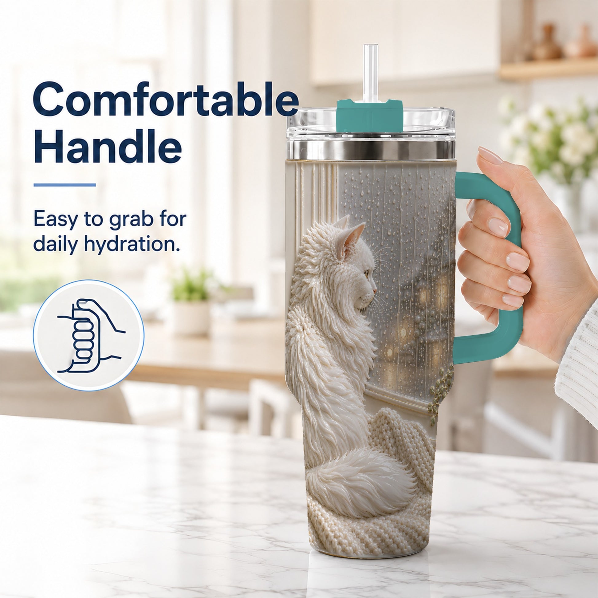 #pl[40oz|Green] Rainy Window Cat 40oz Tumbler with Handle, Stainless Steel Travel Cup