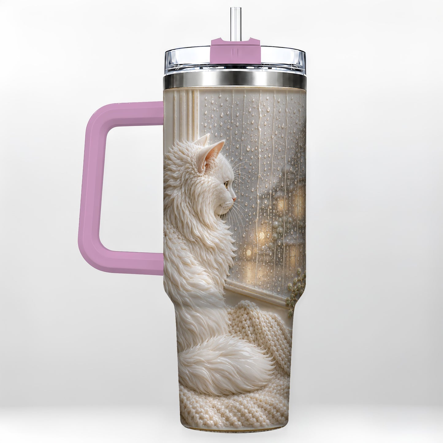 #pl[40oz|Pink] Rainy Window Cat 40oz Tumbler with Handle, Stainless Steel Travel Cup
