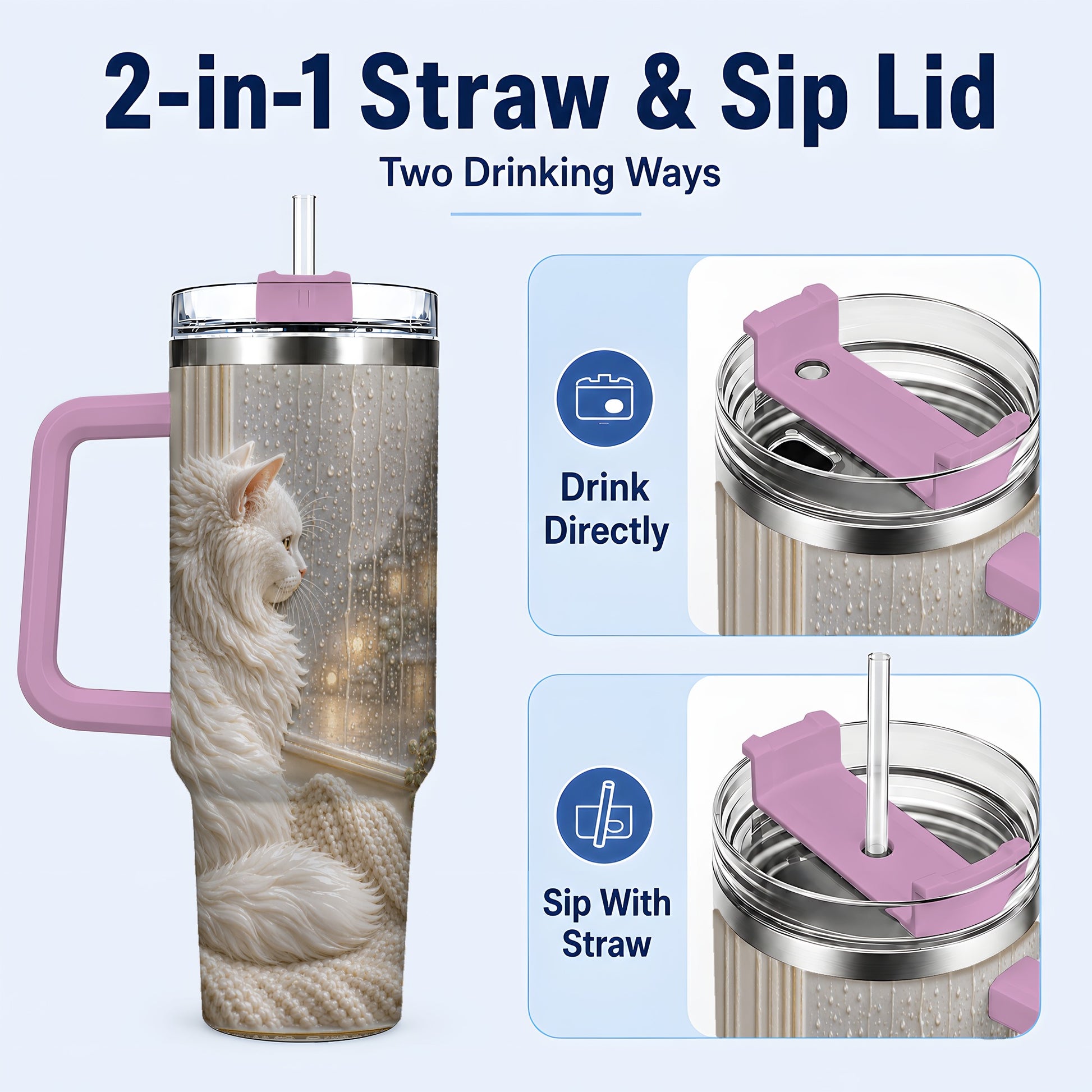 #pl[40oz|Pink] Rainy Window Cat 40oz Tumbler with Handle, Stainless Steel Travel Cup