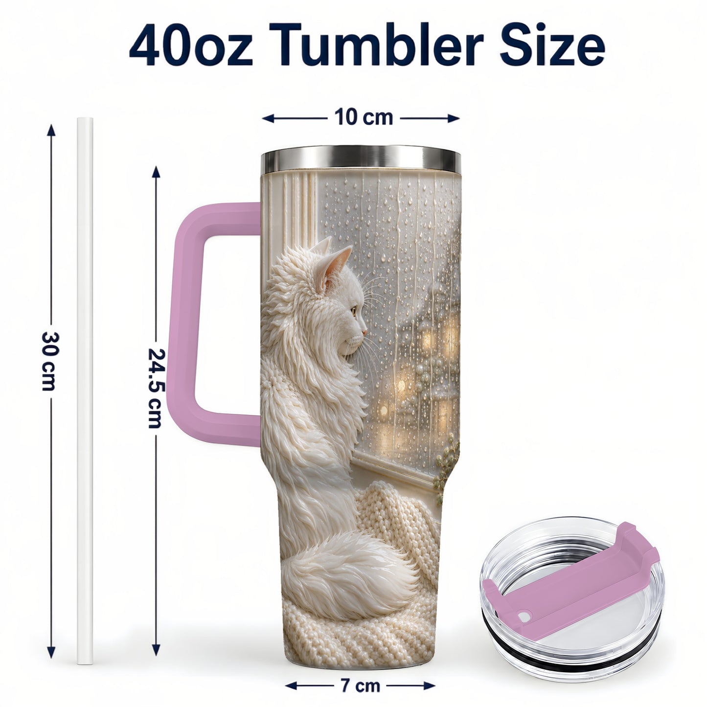 #pl[40oz|Pink] Rainy Window Cat 40oz Tumbler with Handle, Stainless Steel Travel Cup