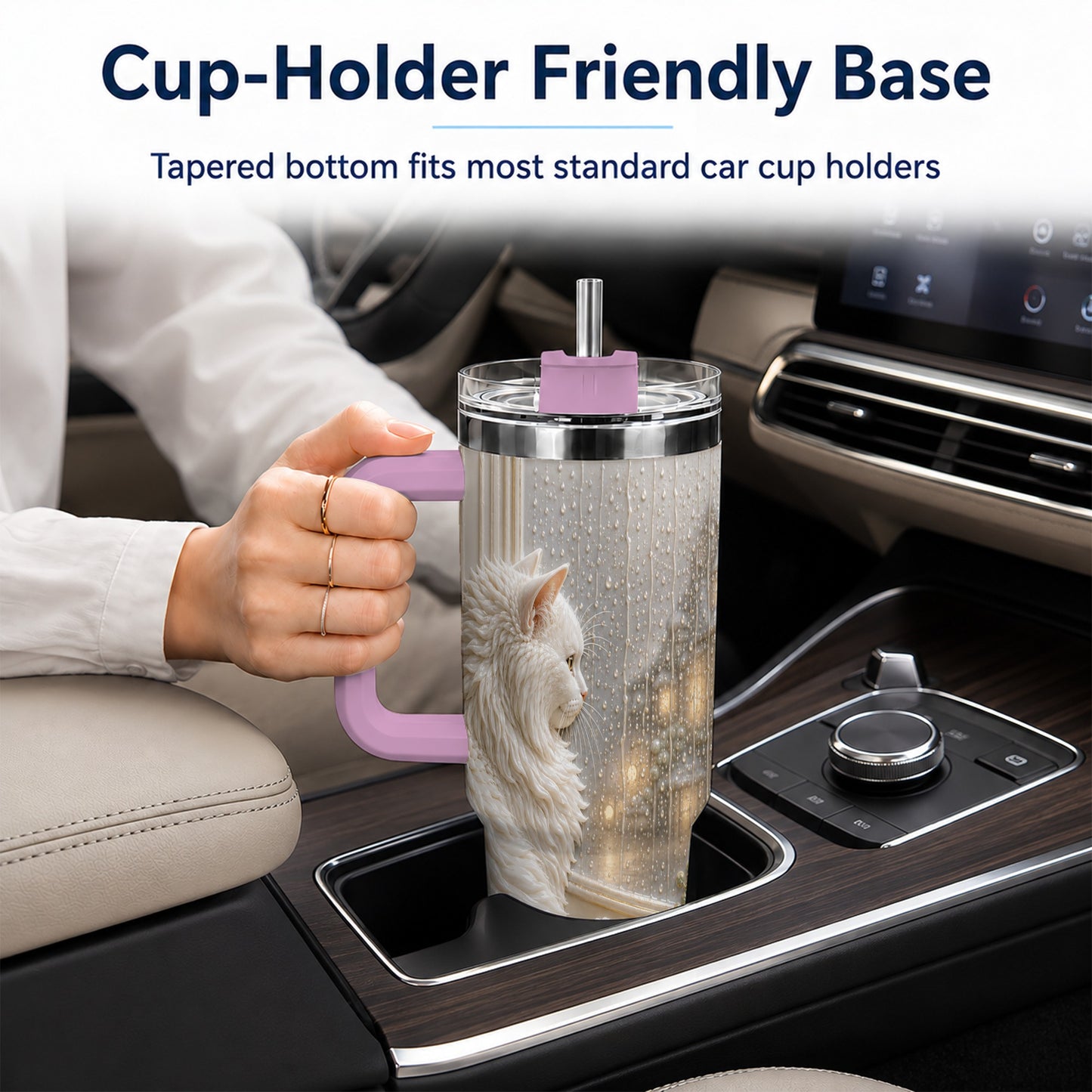 #pl[40oz|Pink] Rainy Window Cat 40oz Tumbler with Handle, Stainless Steel Travel Cup