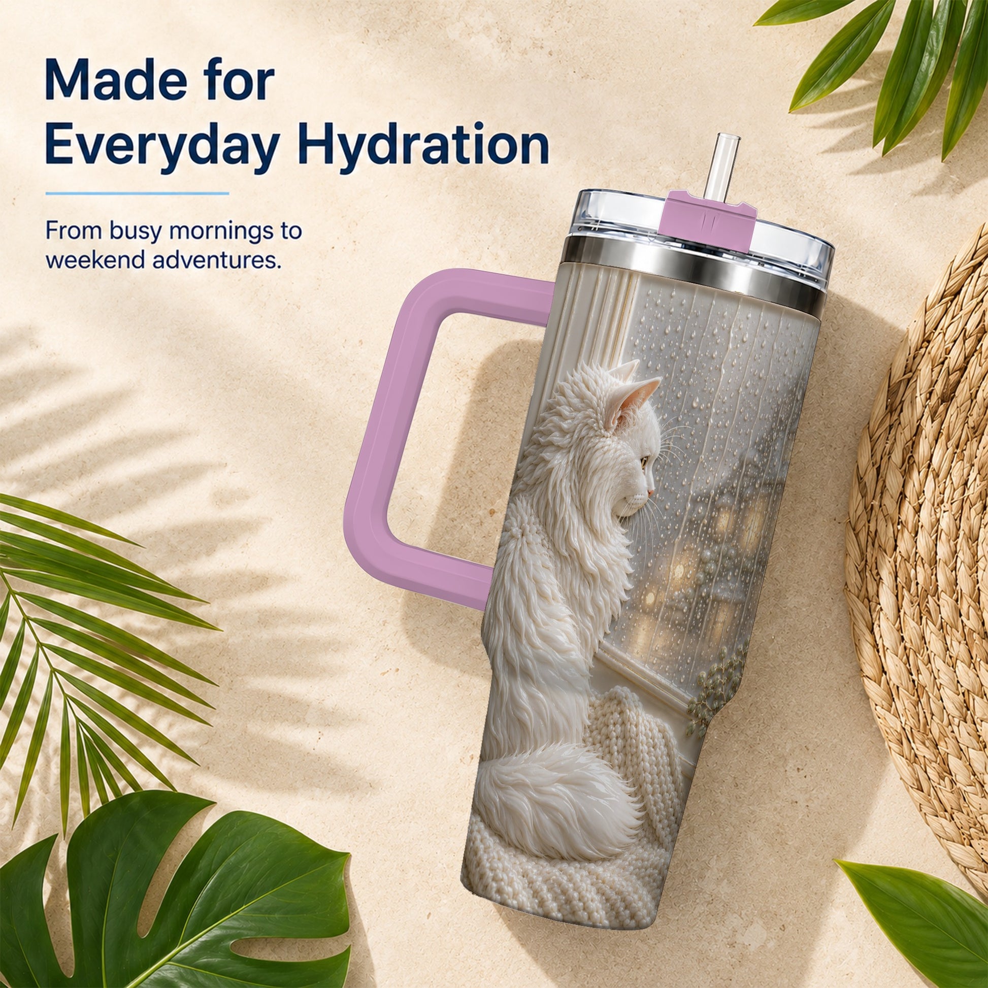 #pl[40oz|Pink] Rainy Window Cat 40oz Tumbler with Handle, Stainless Steel Travel Cup