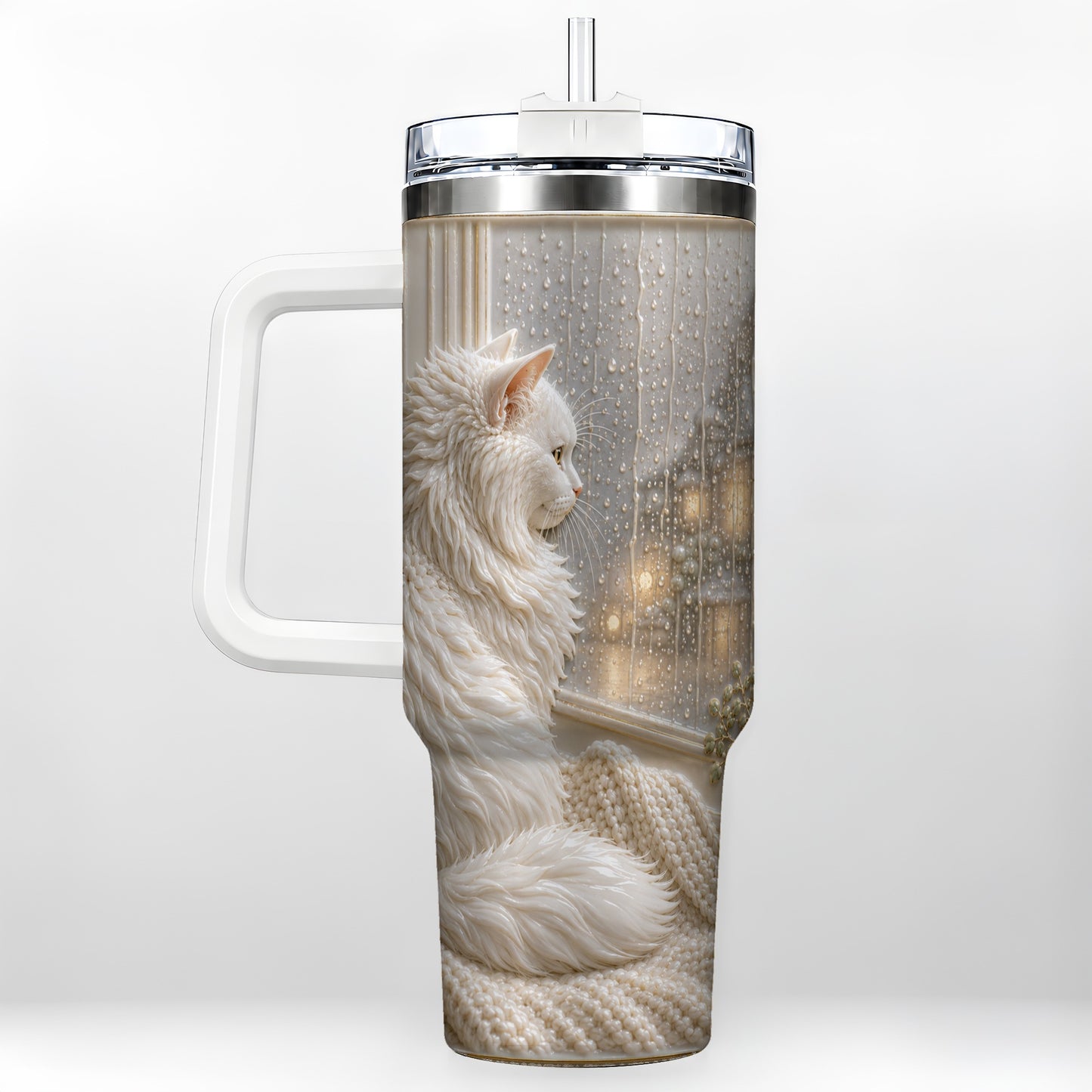 #pl[40oz|White] Rainy Window Cat 40oz Tumbler with Handle, Stainless Steel Travel Cup