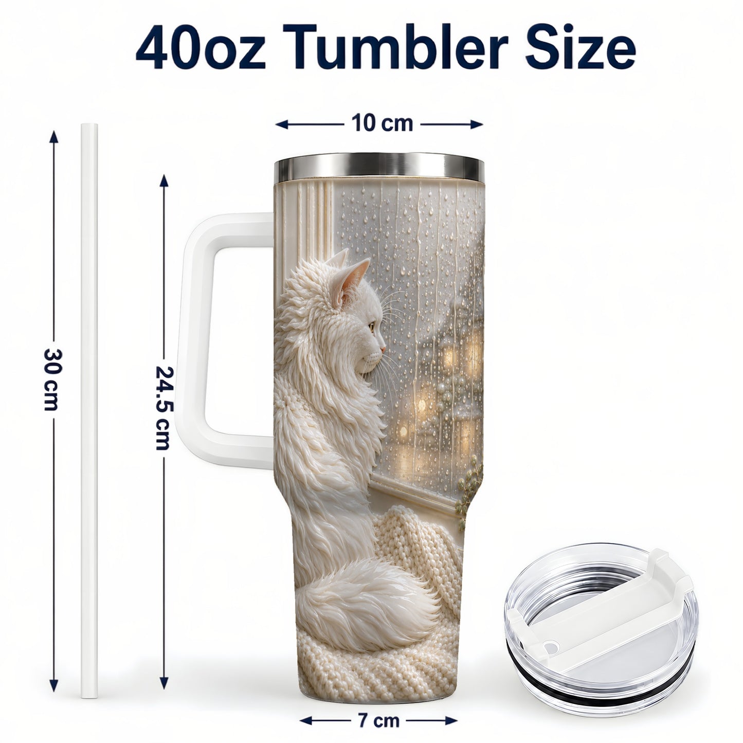 #pl[40oz|White] Rainy Window Cat 40oz Tumbler with Handle, Stainless Steel Travel Cup