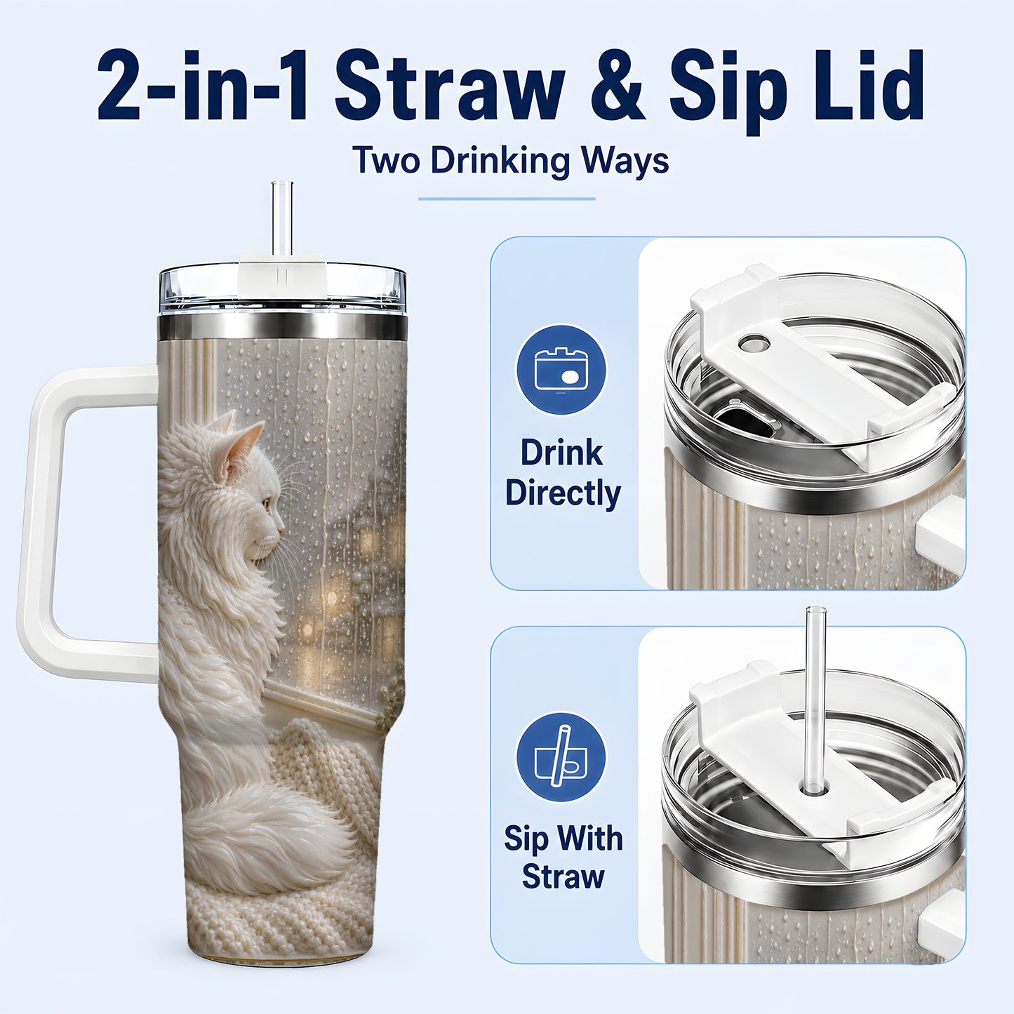 #pl[40oz|White] Rainy Window Cat 40oz Tumbler with Handle, Stainless Steel Travel Cup