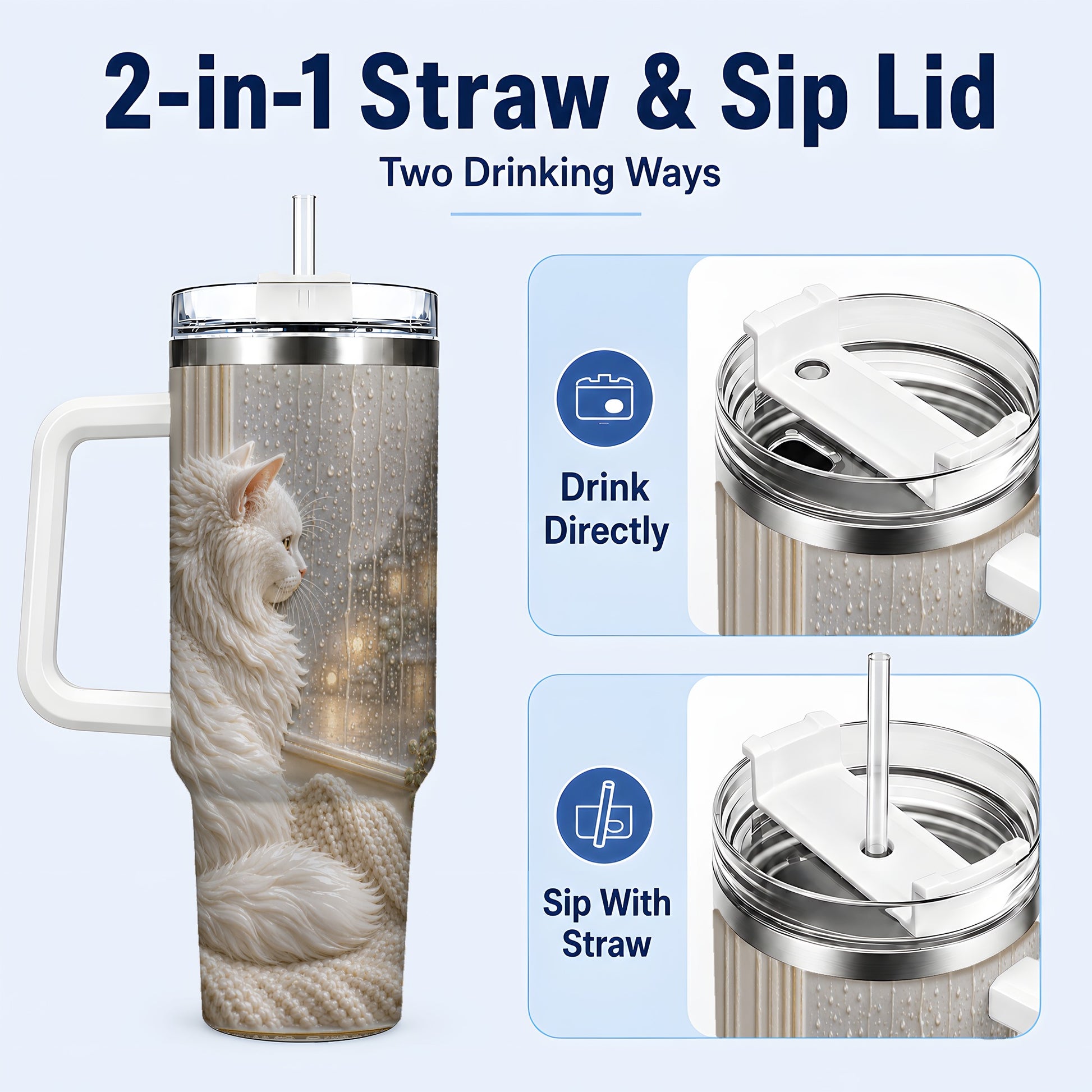 #pl[40oz|White] Rainy Window Cat 40oz Tumbler with Handle, Stainless Steel Travel Cup
