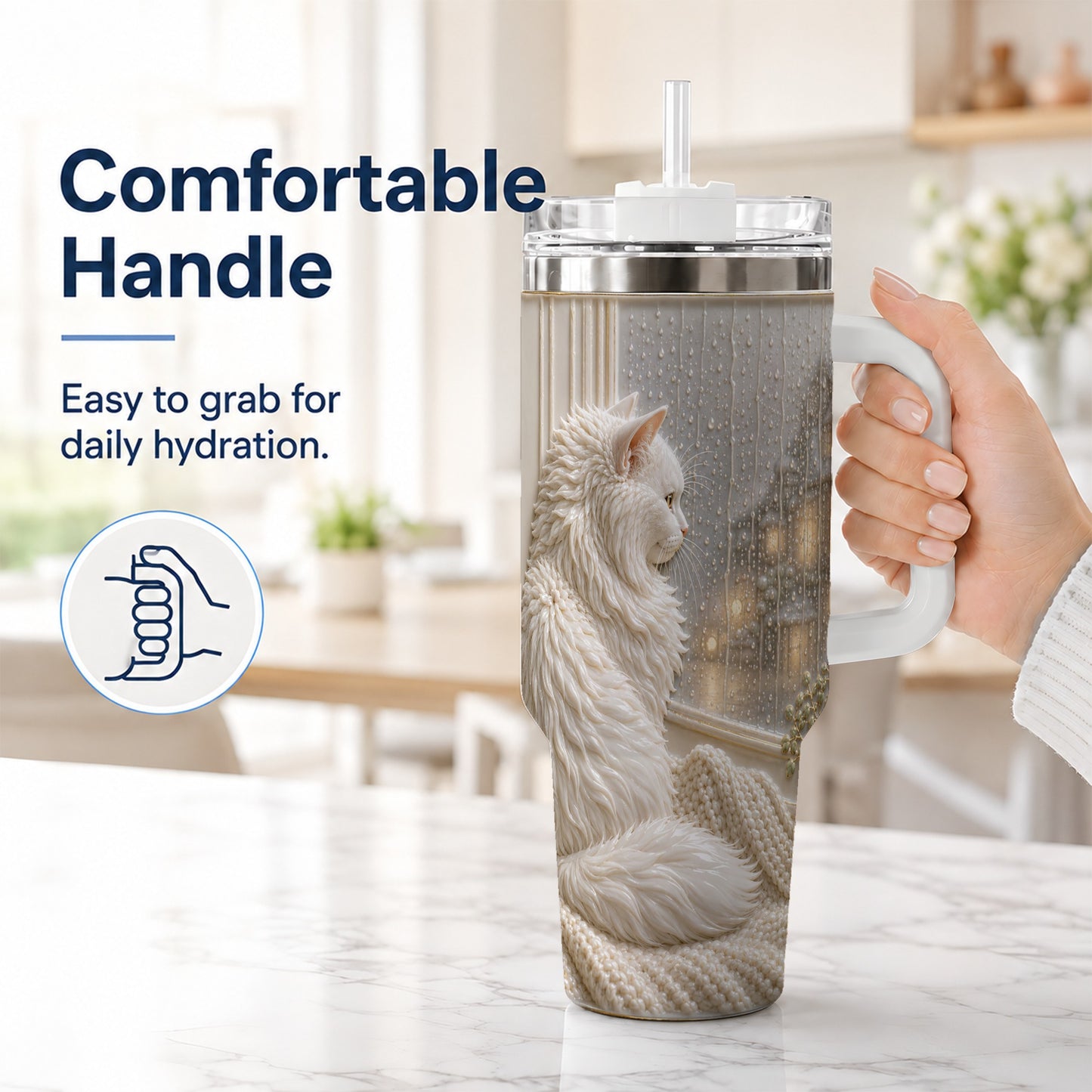 #pl[40oz|White] Rainy Window Cat 40oz Tumbler with Handle, Stainless Steel Travel Cup