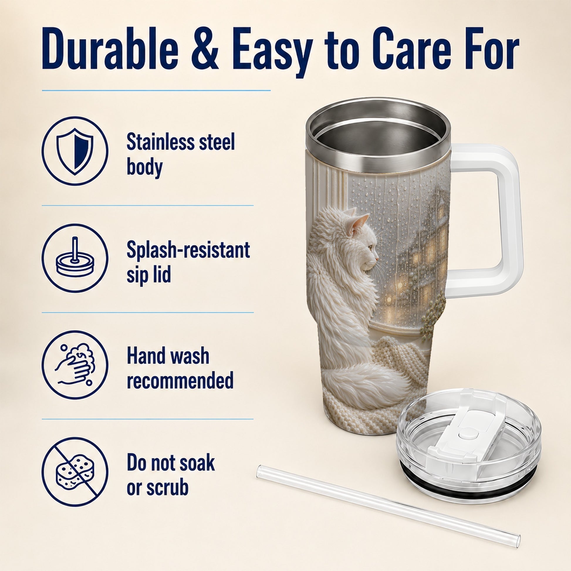 #pl[40oz|White] Rainy Window Cat 40oz Tumbler with Handle, Stainless Steel Travel Cup