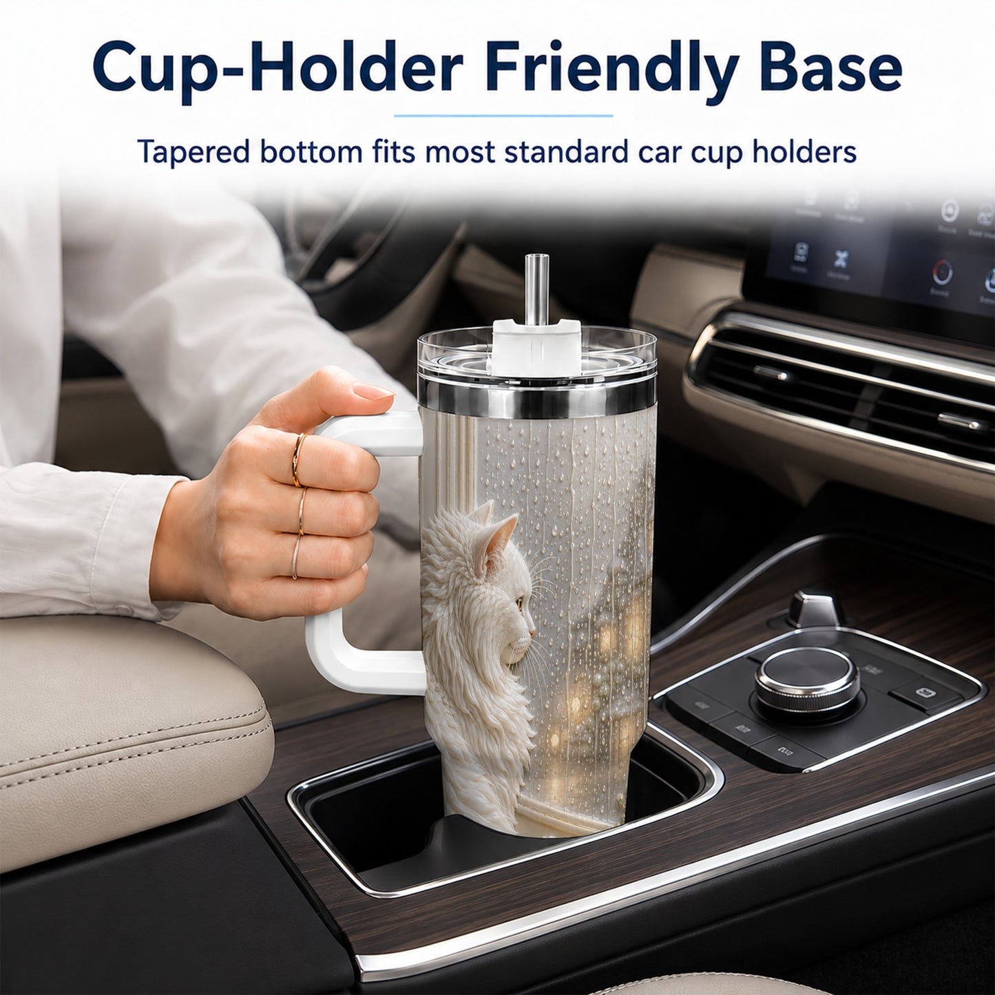 #pl[40oz|White] Rainy Window Cat 40oz Tumbler with Handle, Stainless Steel Travel Cup