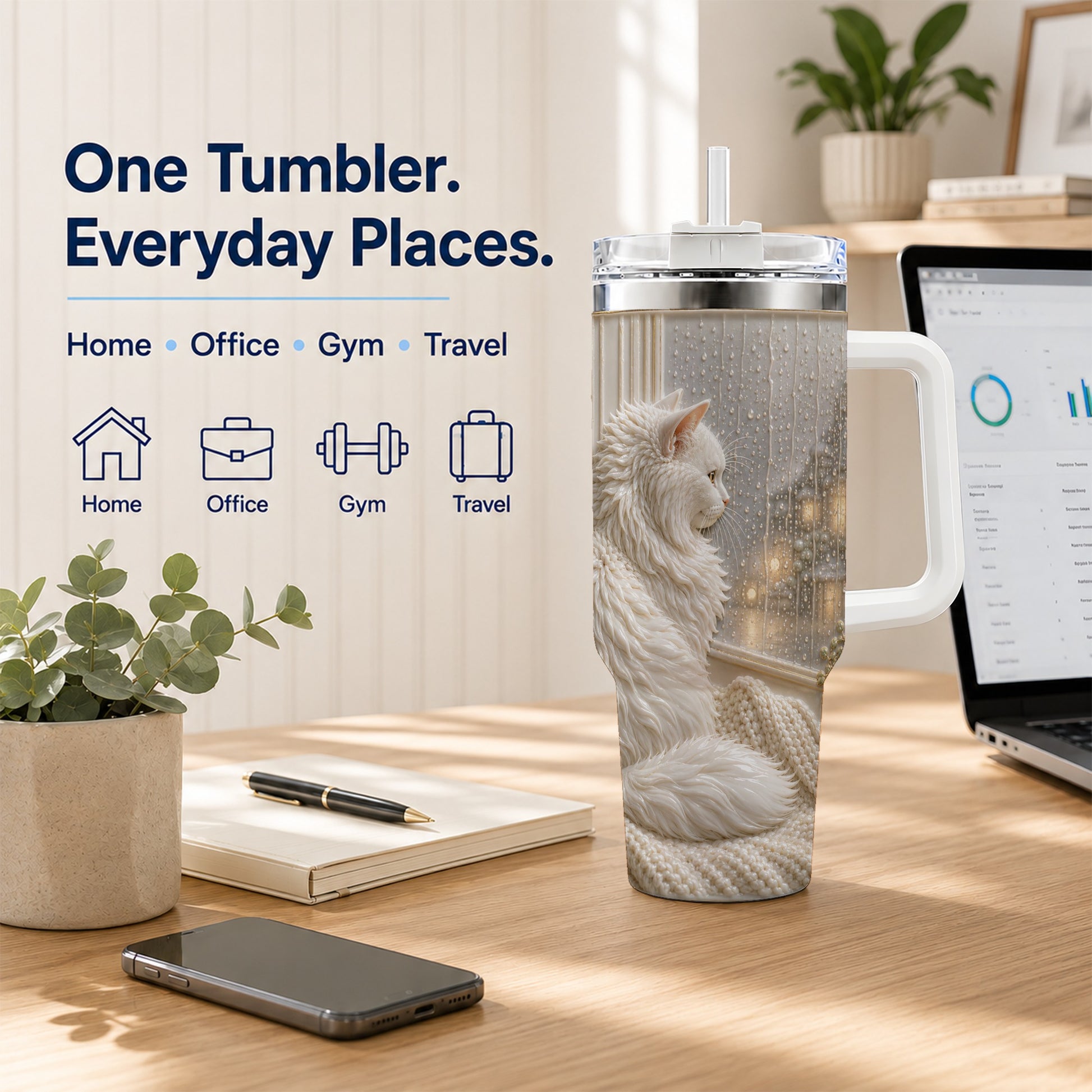 #pl[40oz|White] Rainy Window Cat 40oz Tumbler with Handle, Stainless Steel Travel Cup