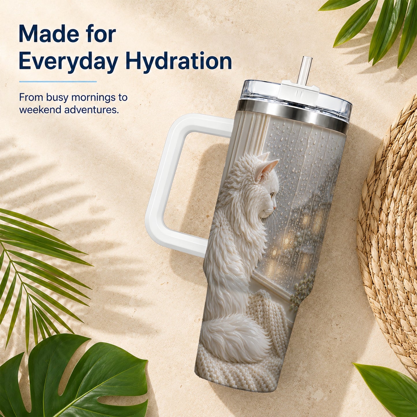 #pl[40oz|White] Rainy Window Cat 40oz Tumbler with Handle, Stainless Steel Travel Cup