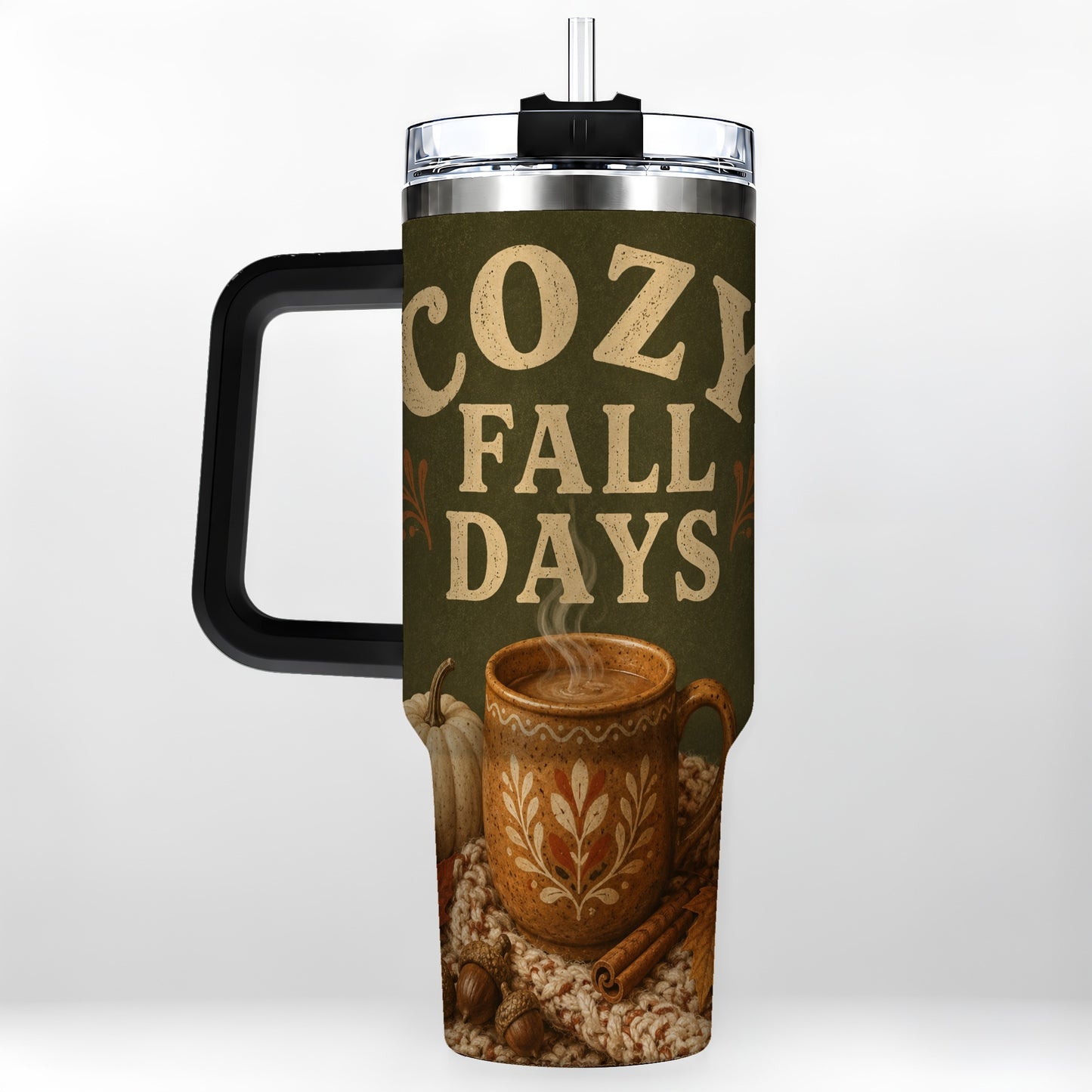 #pl[40oz|Black] Cozy Autumn 40oz Tumbler with Handle, Pumpkin Travel Cup