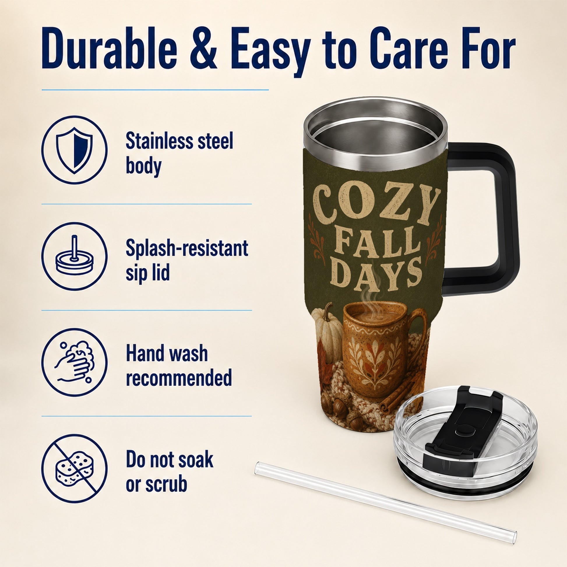 #pl[40oz|Black] Cozy Autumn 40oz Tumbler with Handle, Pumpkin Travel Cup