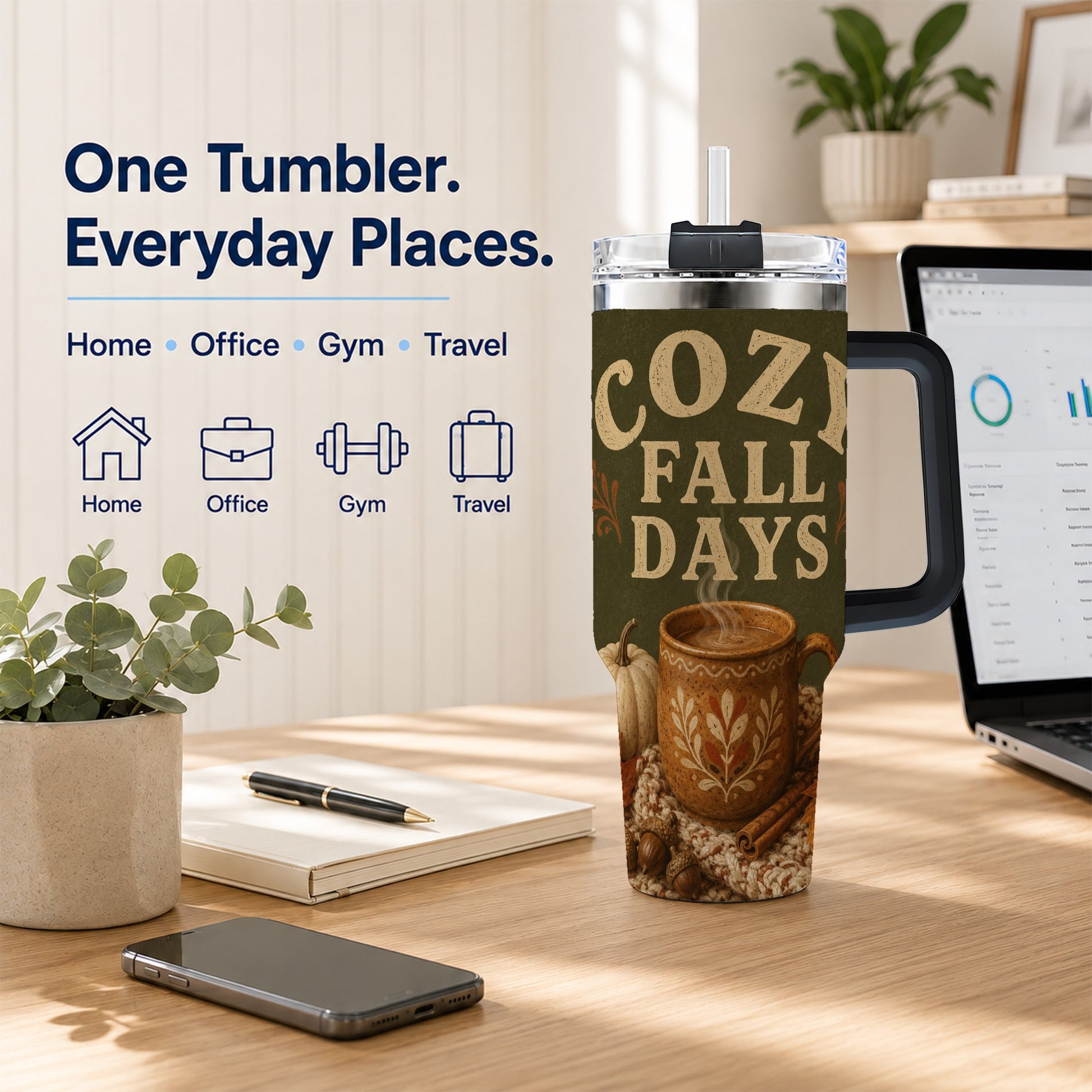 #pl[40oz|Black] Cozy Autumn 40oz Tumbler with Handle, Pumpkin Travel Cup