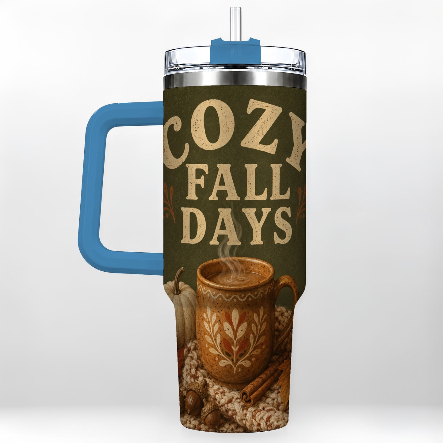#pl[40oz|Blue] Cozy Autumn 40oz Tumbler with Handle, Pumpkin Travel Cup