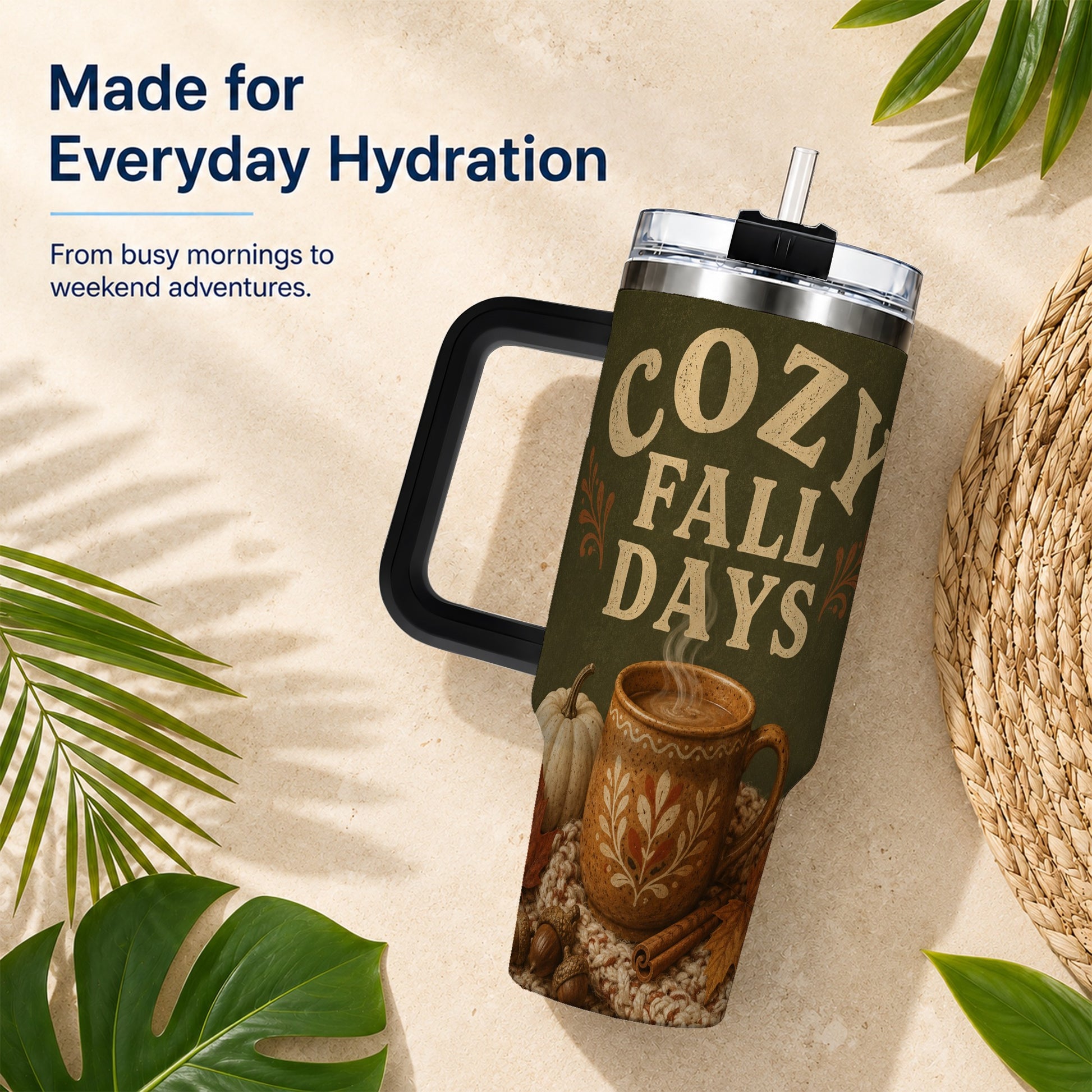 #pl[40oz|Black] Cozy Autumn 40oz Tumbler with Handle, Pumpkin Travel Cup
