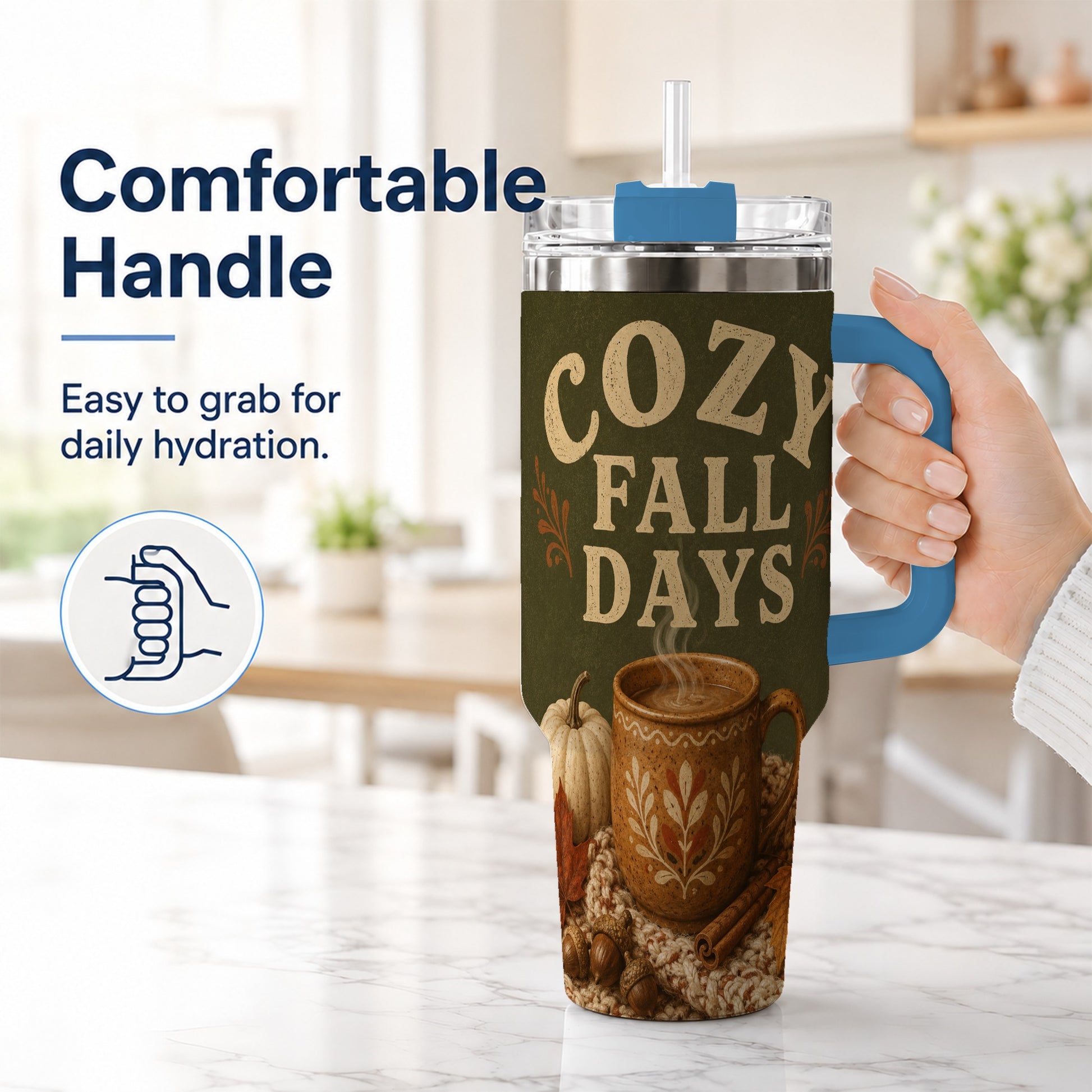 #pl[40oz|Blue] Cozy Autumn 40oz Tumbler with Handle, Pumpkin Travel Cup