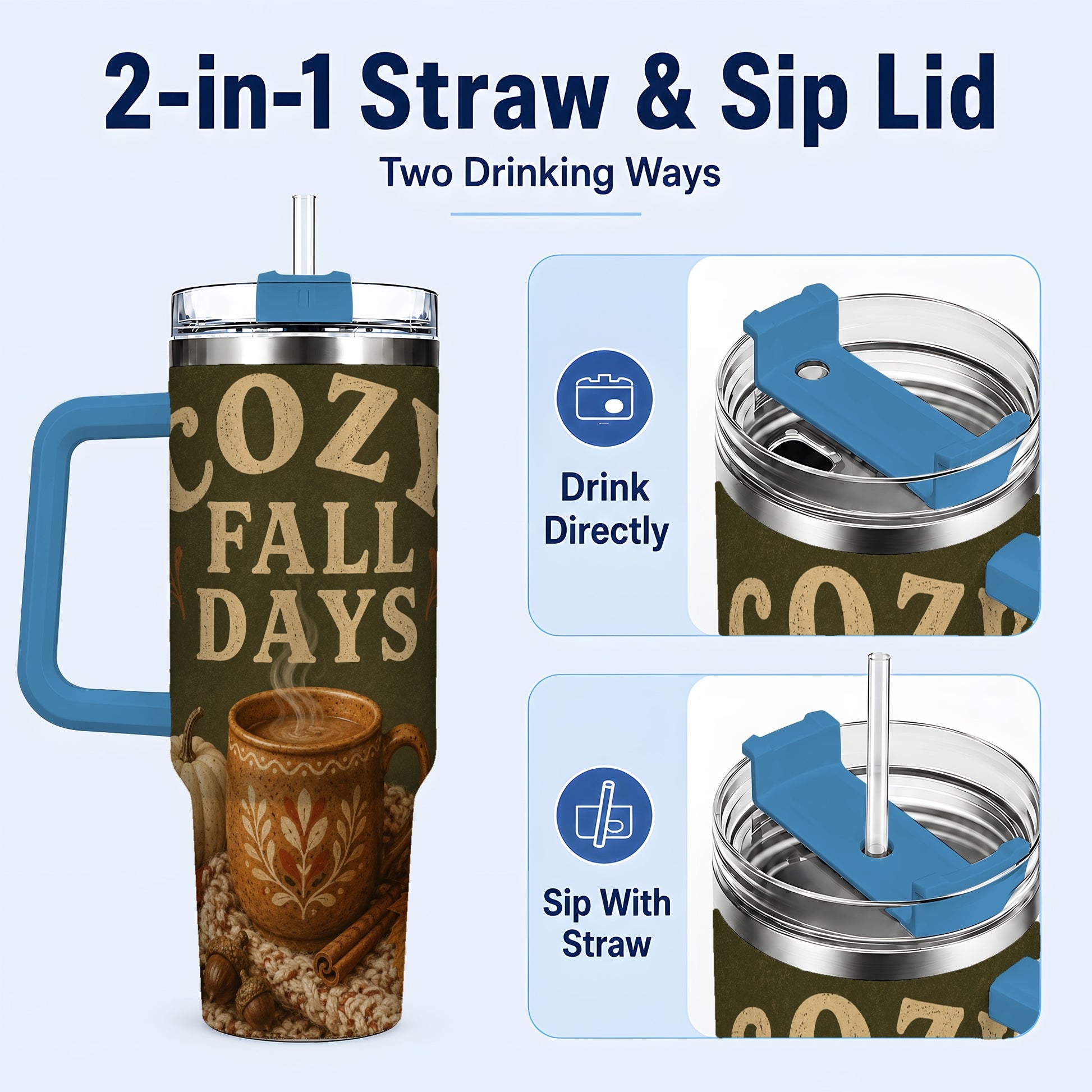 #pl[40oz|Blue] Cozy Autumn 40oz Tumbler with Handle, Pumpkin Travel Cup
