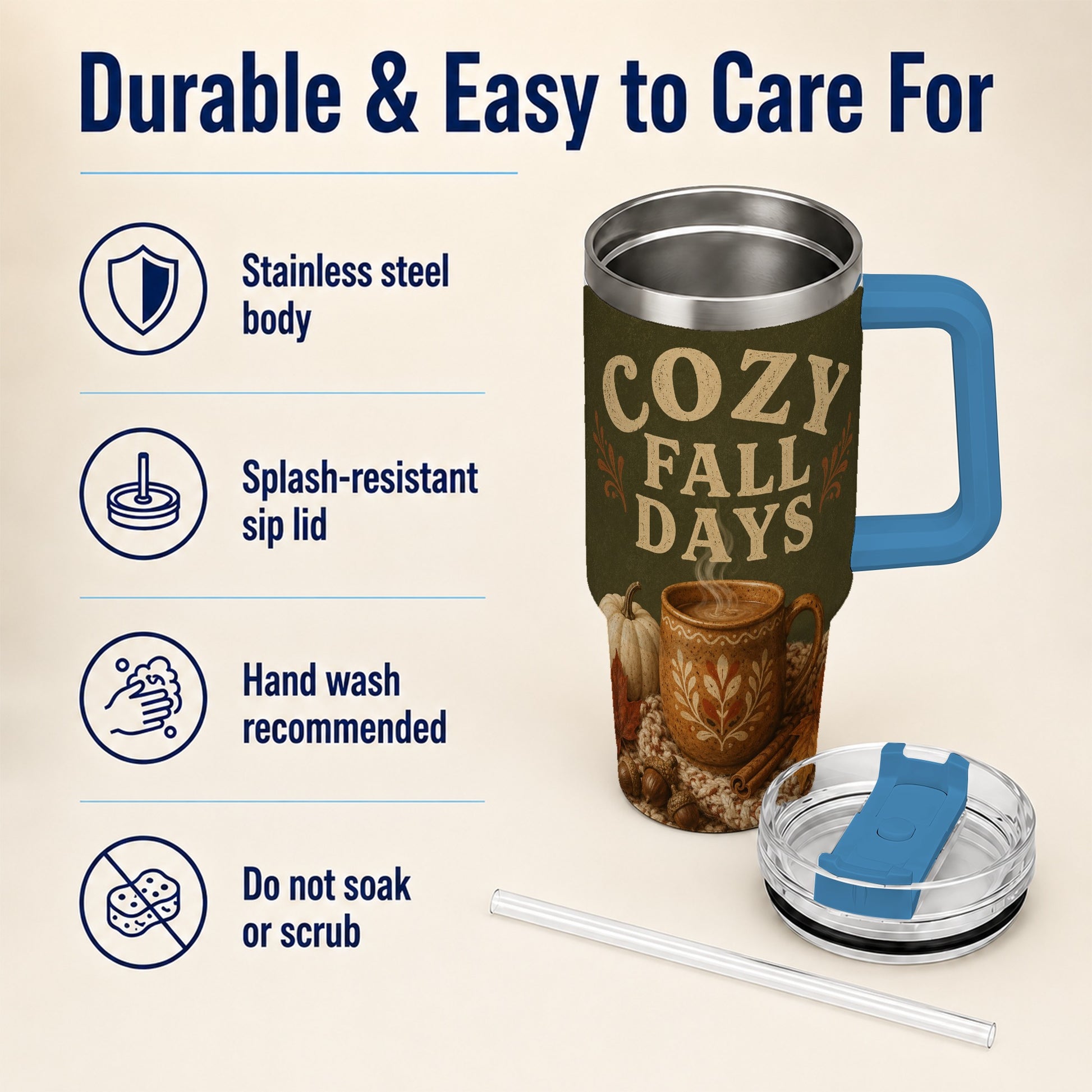 #pl[40oz|Blue] Cozy Autumn 40oz Tumbler with Handle, Pumpkin Travel Cup