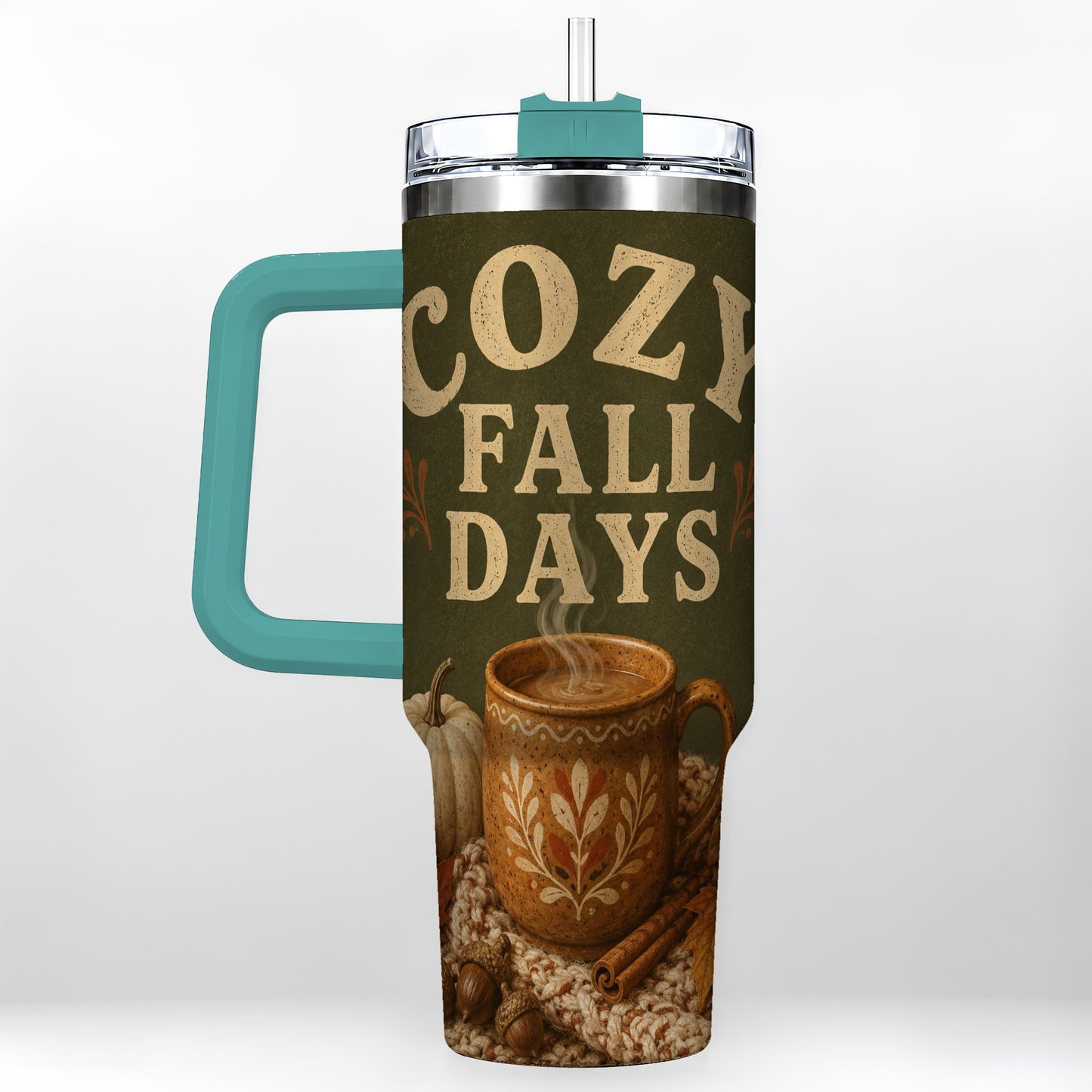 #pl[40oz|Green] Cozy Autumn 40oz Tumbler with Handle, Pumpkin Travel Cup