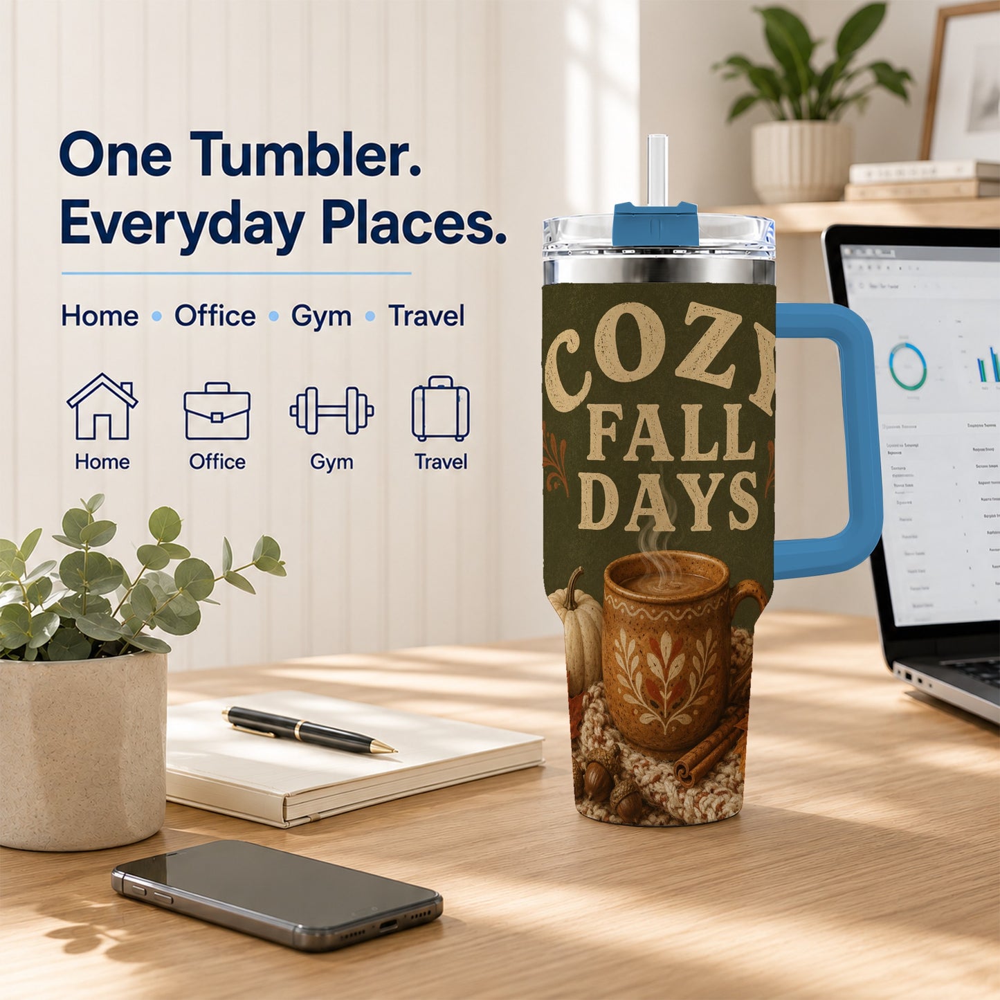 #pl[40oz|Blue] Cozy Autumn 40oz Tumbler with Handle, Pumpkin Travel Cup