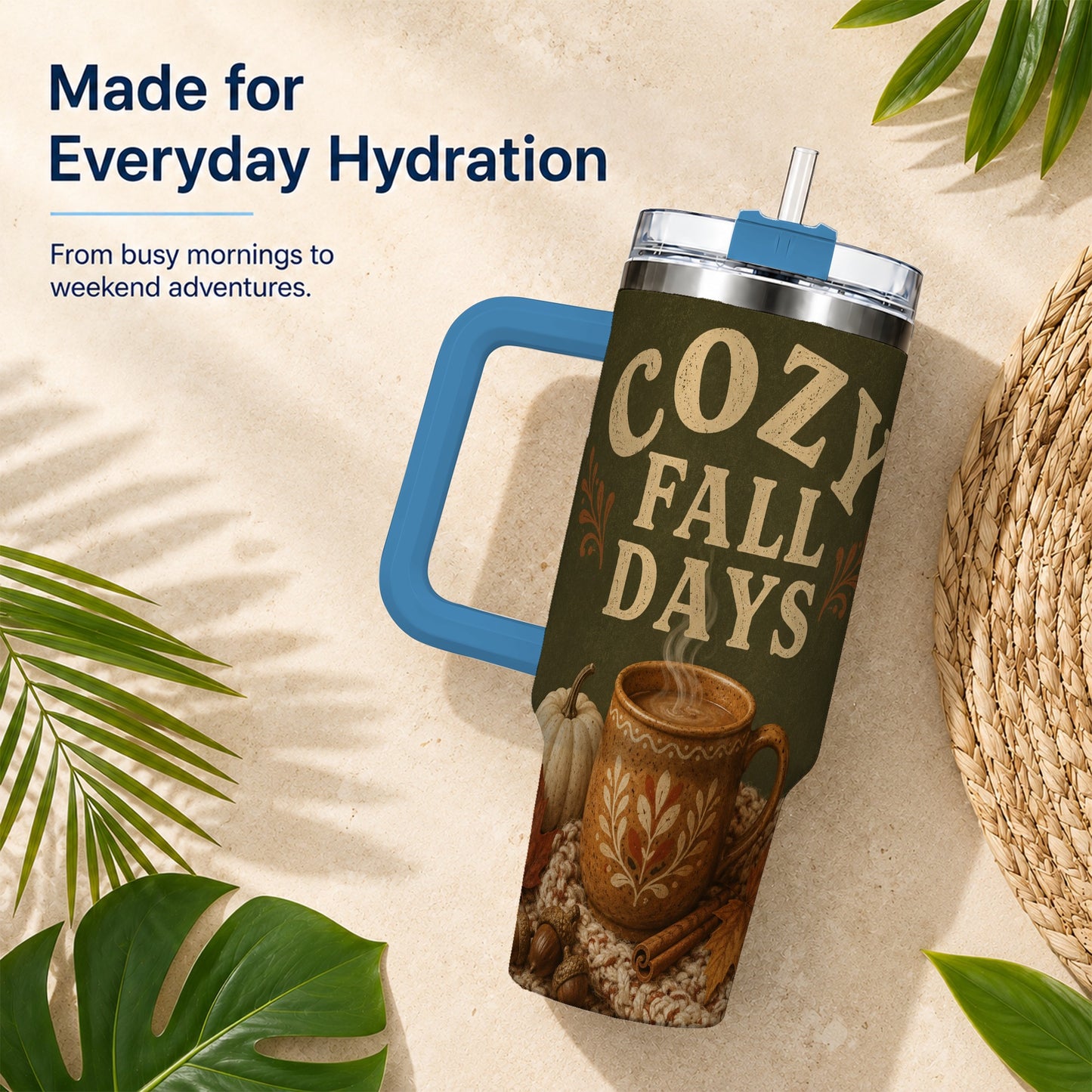 #pl[40oz|Blue] Cozy Autumn 40oz Tumbler with Handle, Pumpkin Travel Cup