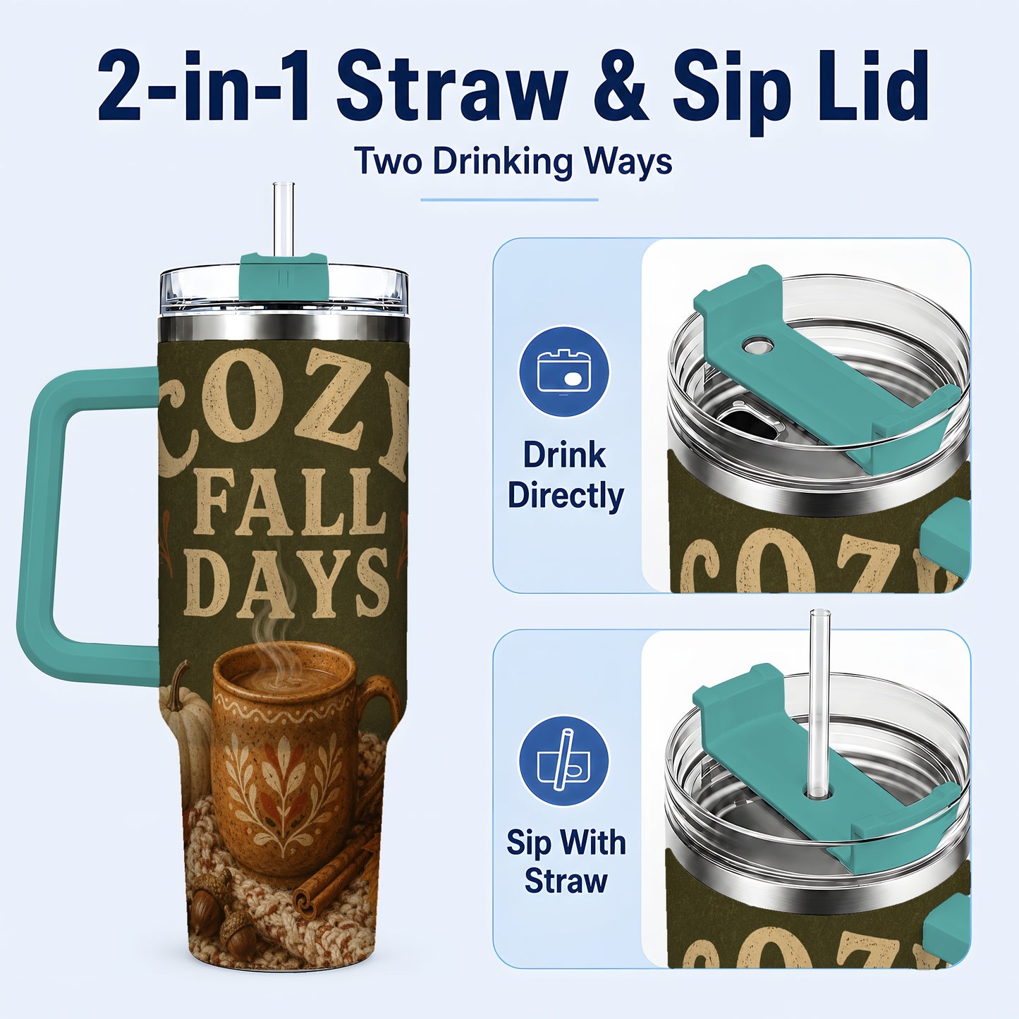 #pl[40oz|Green] Cozy Autumn 40oz Tumbler with Handle, Pumpkin Travel Cup