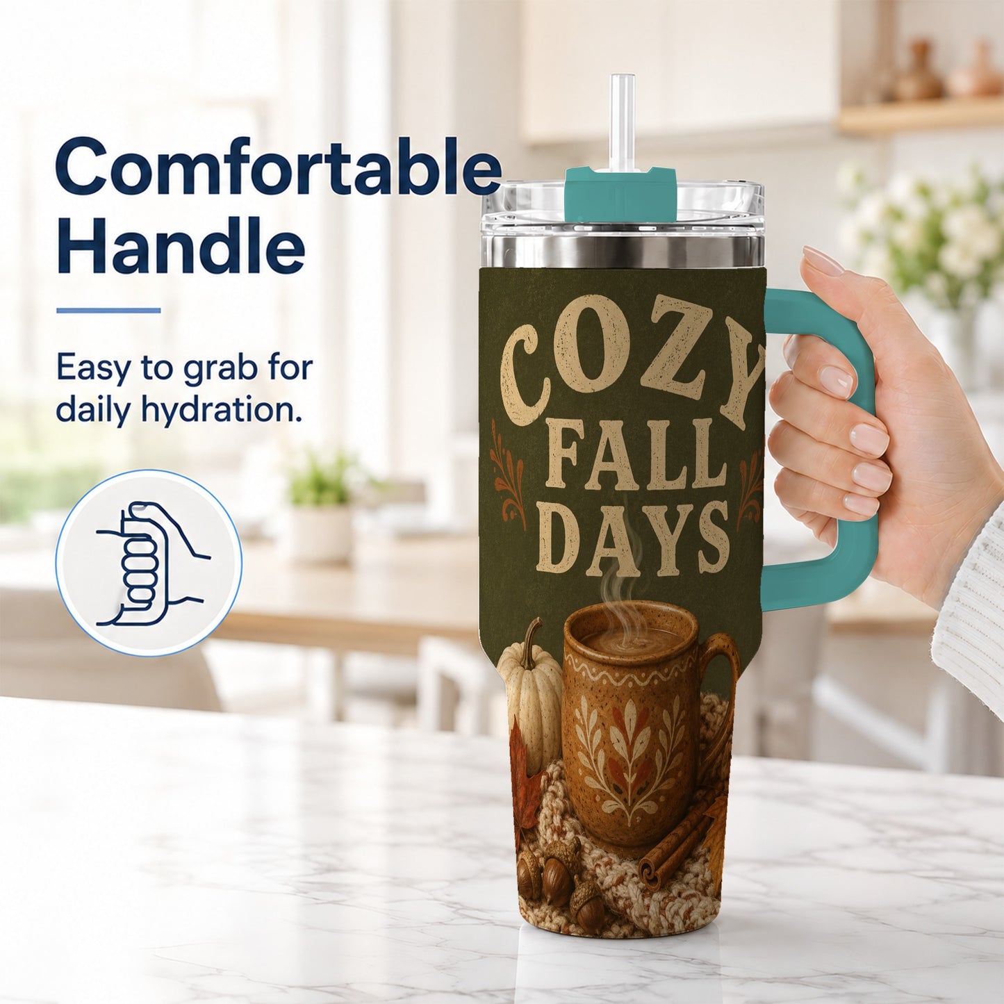 #pl[40oz|Green] Cozy Autumn 40oz Tumbler with Handle, Pumpkin Travel Cup