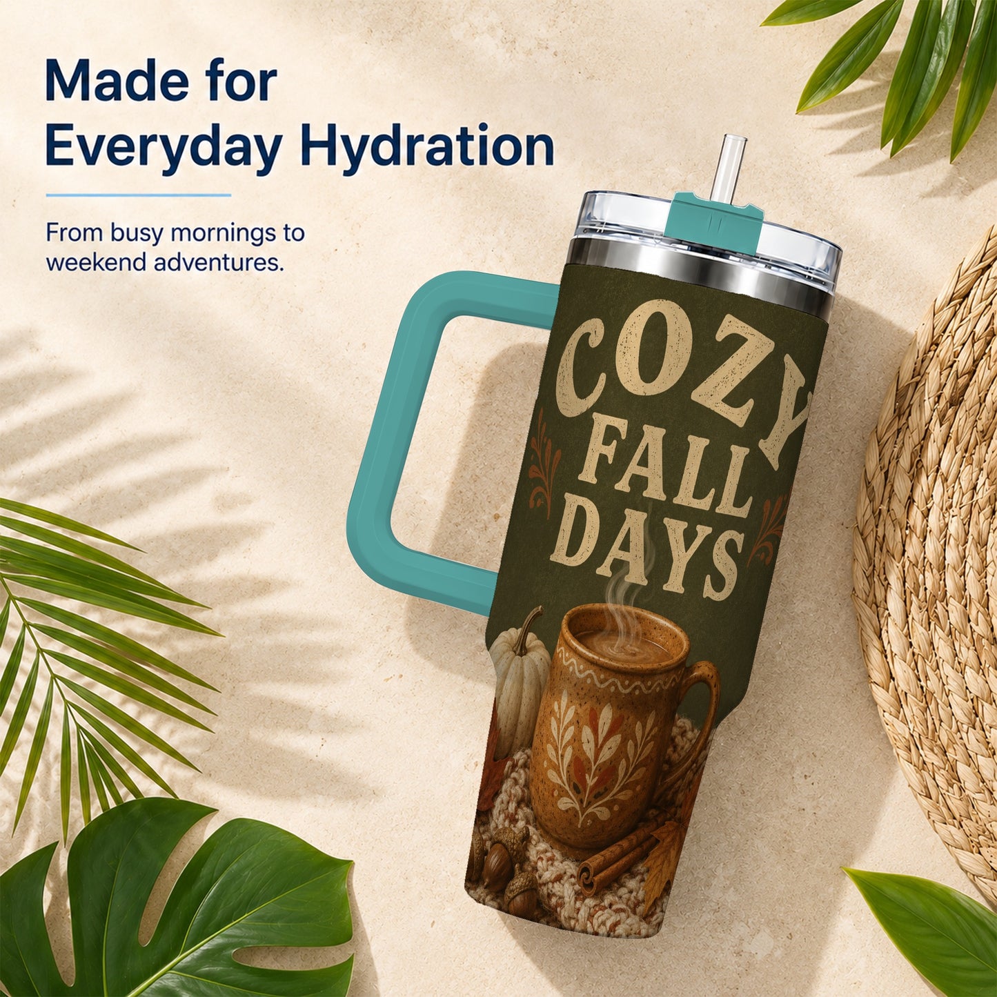 #pl[40oz|Green] Cozy Autumn 40oz Tumbler with Handle, Pumpkin Travel Cup