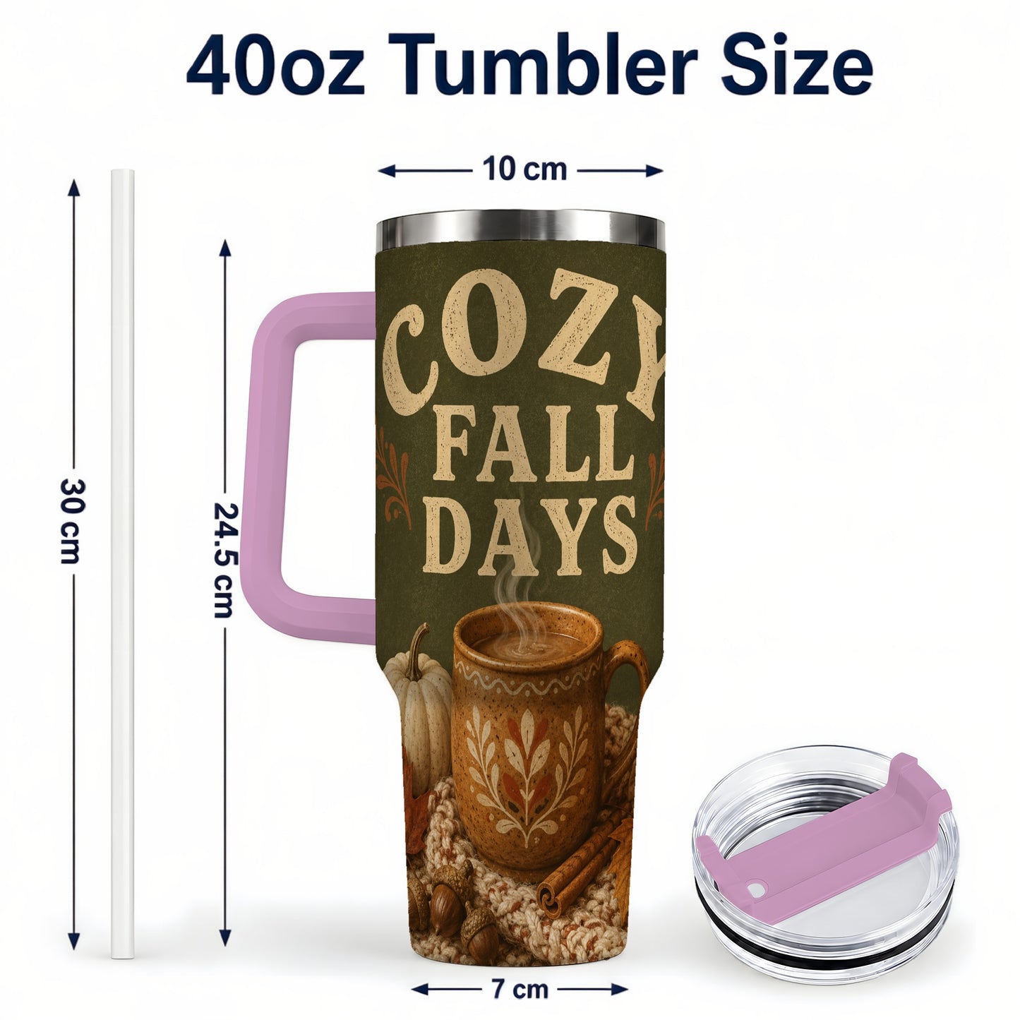 #pl[40oz|Pink] Cozy Autumn 40oz Tumbler with Handle, Pumpkin Travel Cup