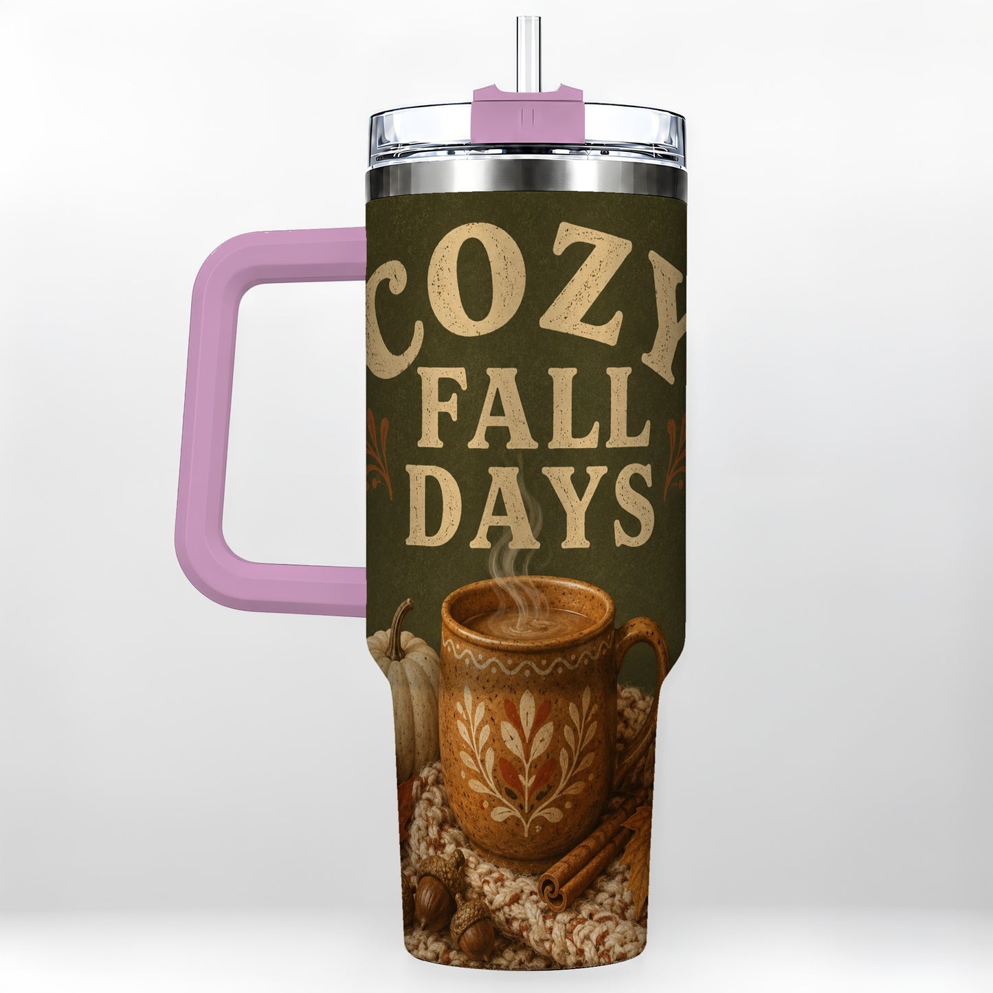 #pl[40oz|Pink] Cozy Autumn 40oz Tumbler with Handle, Pumpkin Travel Cup
