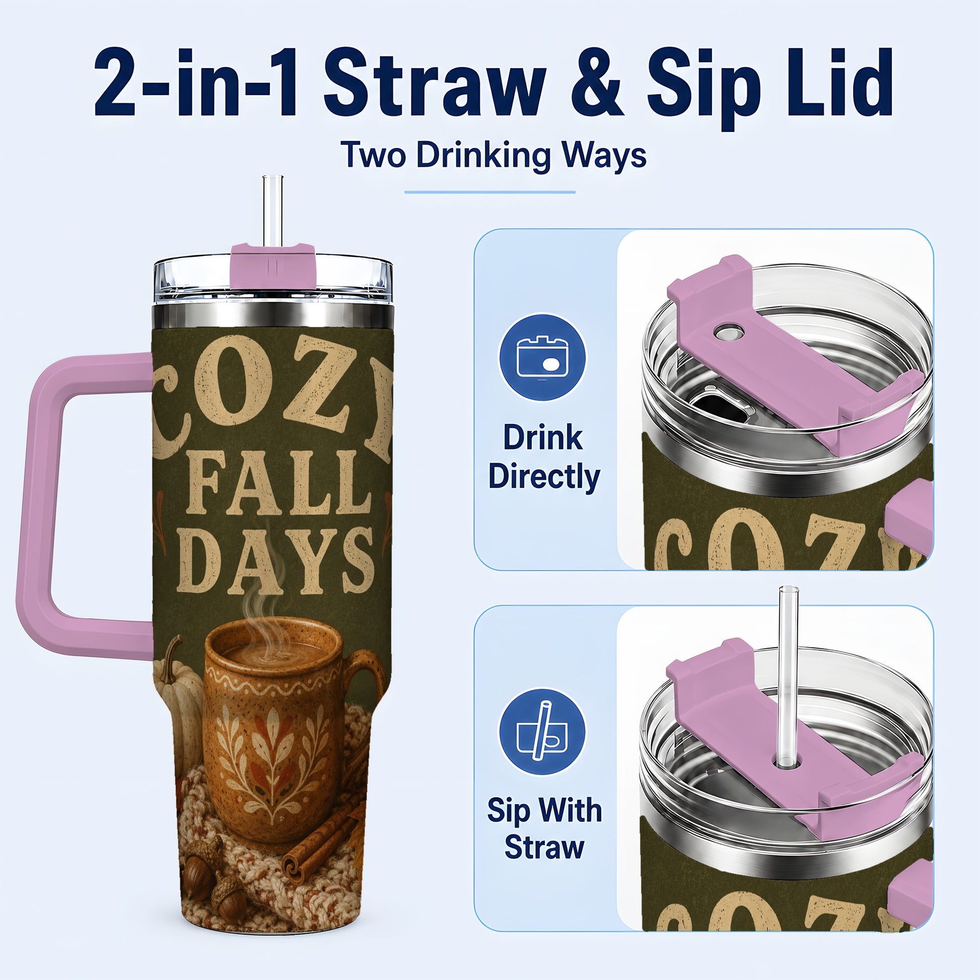 #pl[40oz|Pink] Cozy Autumn 40oz Tumbler with Handle, Pumpkin Travel Cup