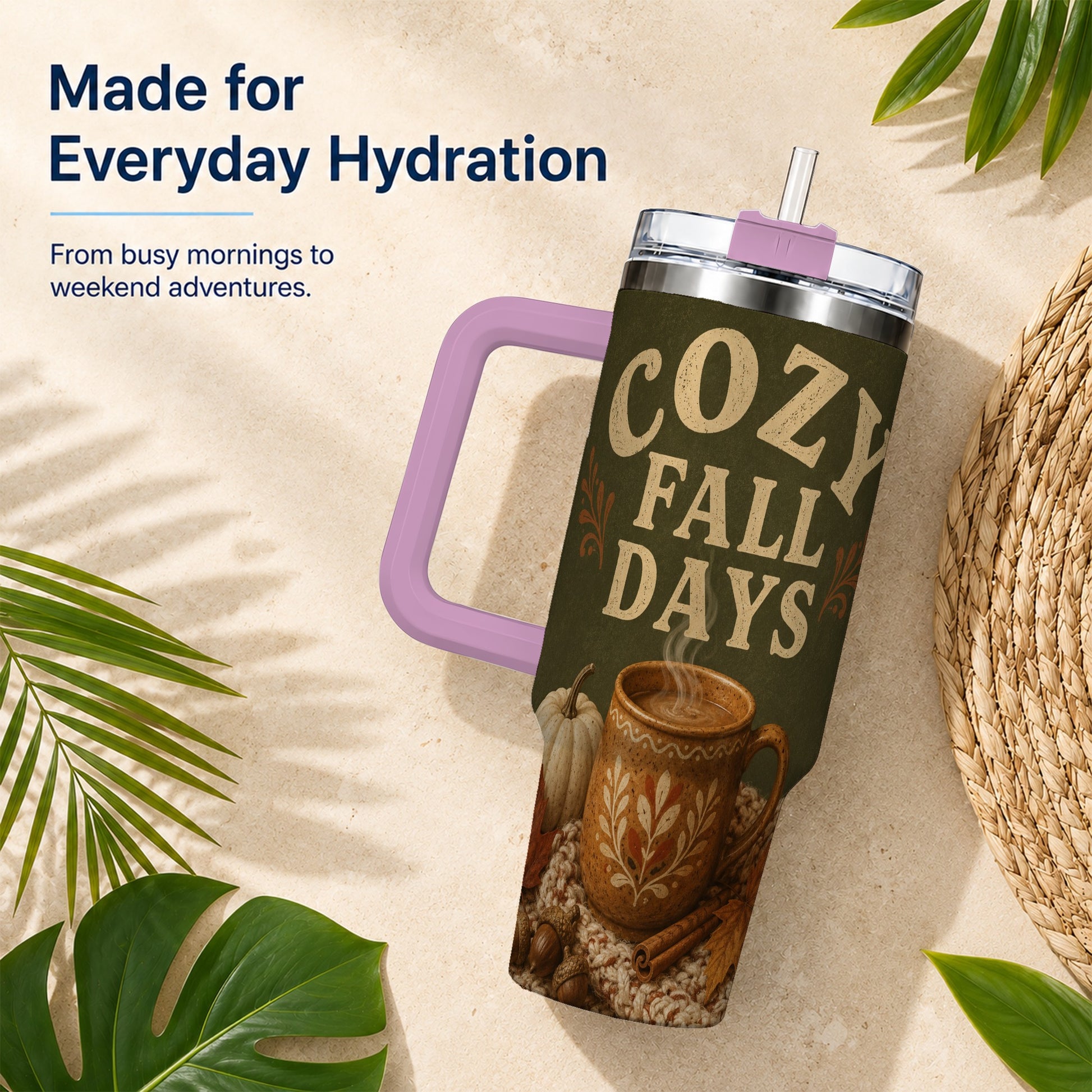 #pl[40oz|Pink] Cozy Autumn 40oz Tumbler with Handle, Pumpkin Travel Cup