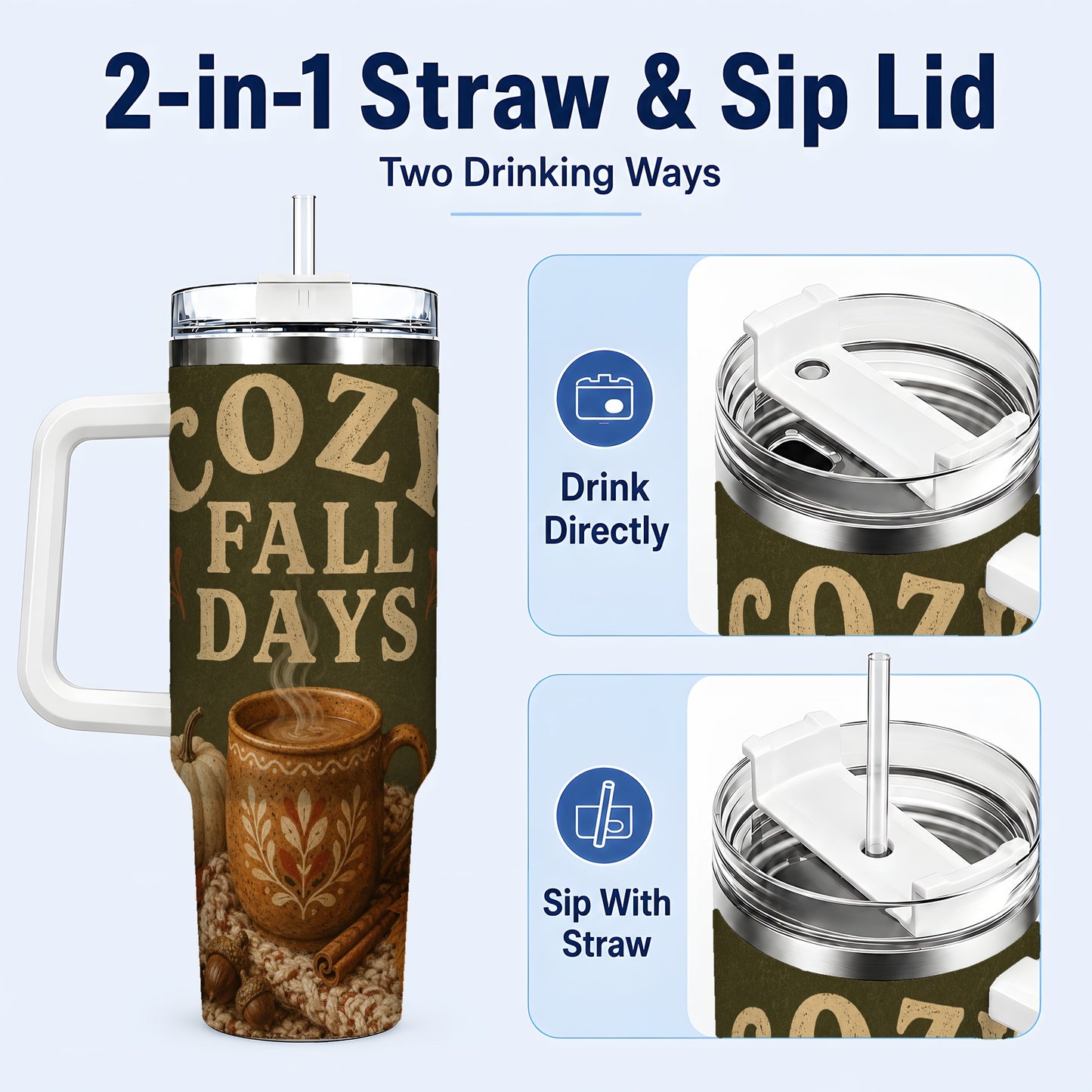 #pl[40oz|White] Cozy Autumn 40oz Tumbler with Handle, Pumpkin Travel Cup