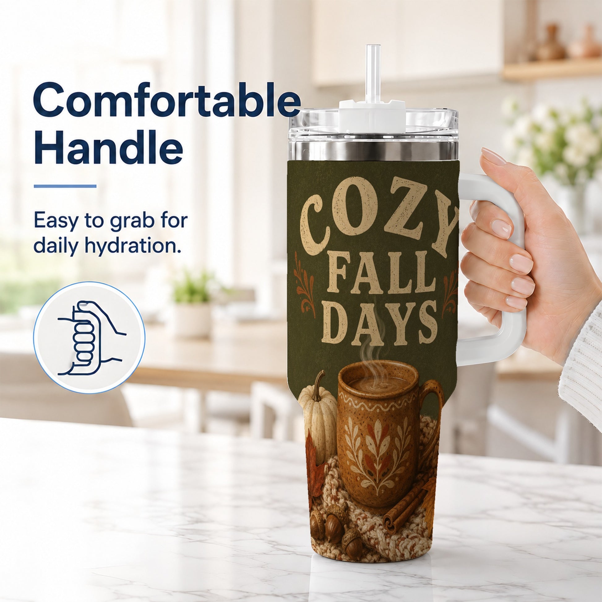 #pl[40oz|White] Cozy Autumn 40oz Tumbler with Handle, Pumpkin Travel Cup