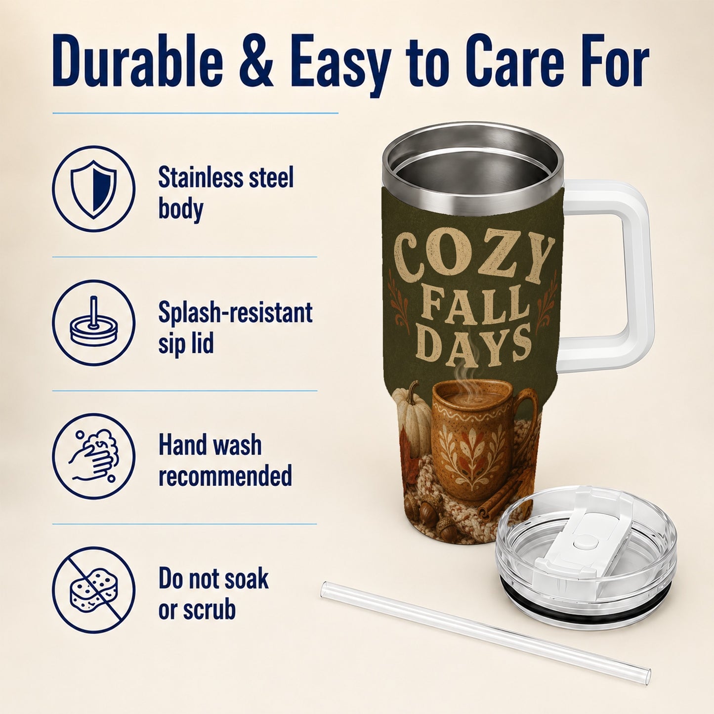 #pl[40oz|White] Cozy Autumn 40oz Tumbler with Handle, Pumpkin Travel Cup