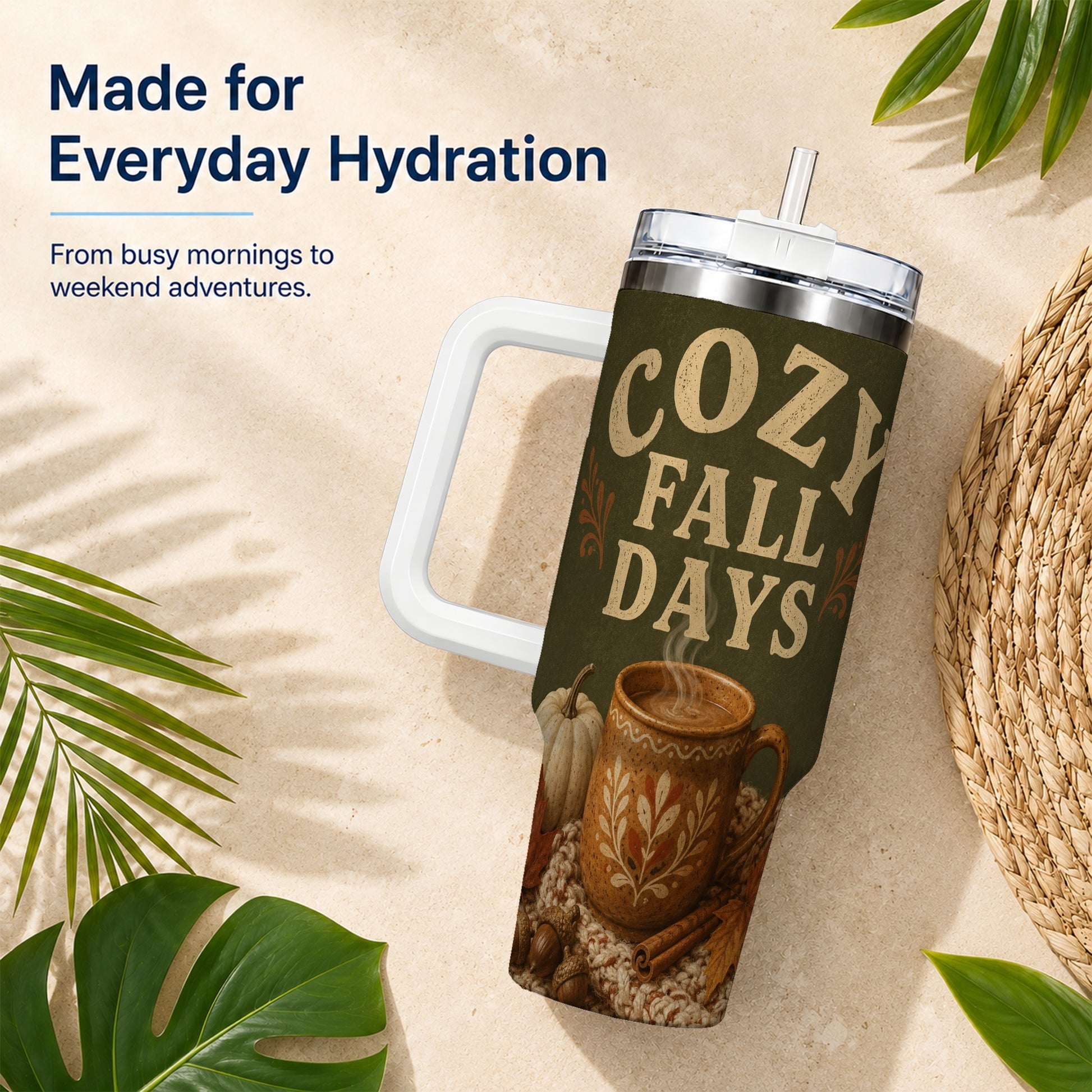#pl[40oz|White] Cozy Autumn 40oz Tumbler with Handle, Pumpkin Travel Cup