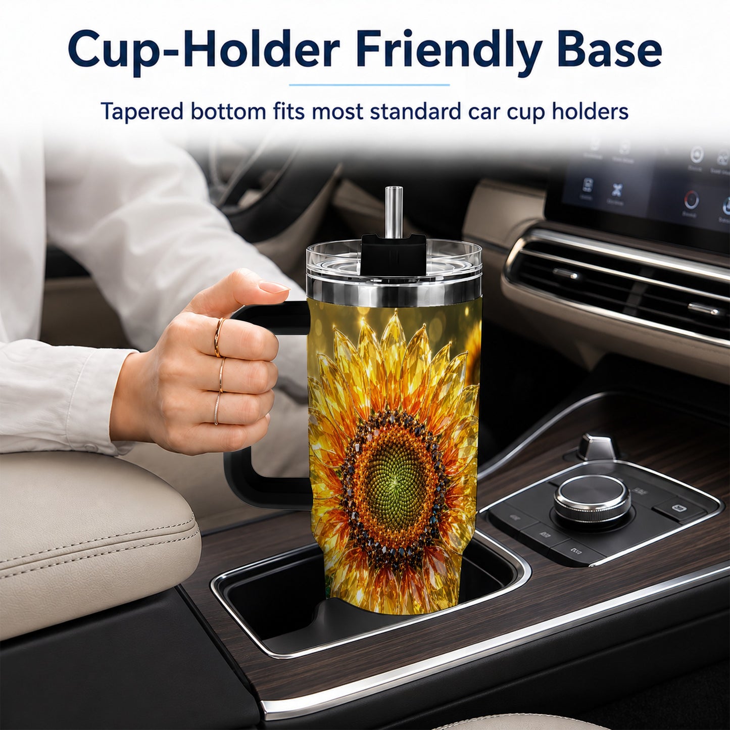 #pl[40oz|Black] Radiant Sunflower 40oz Tumbler with Handle, Floral Travel Cup