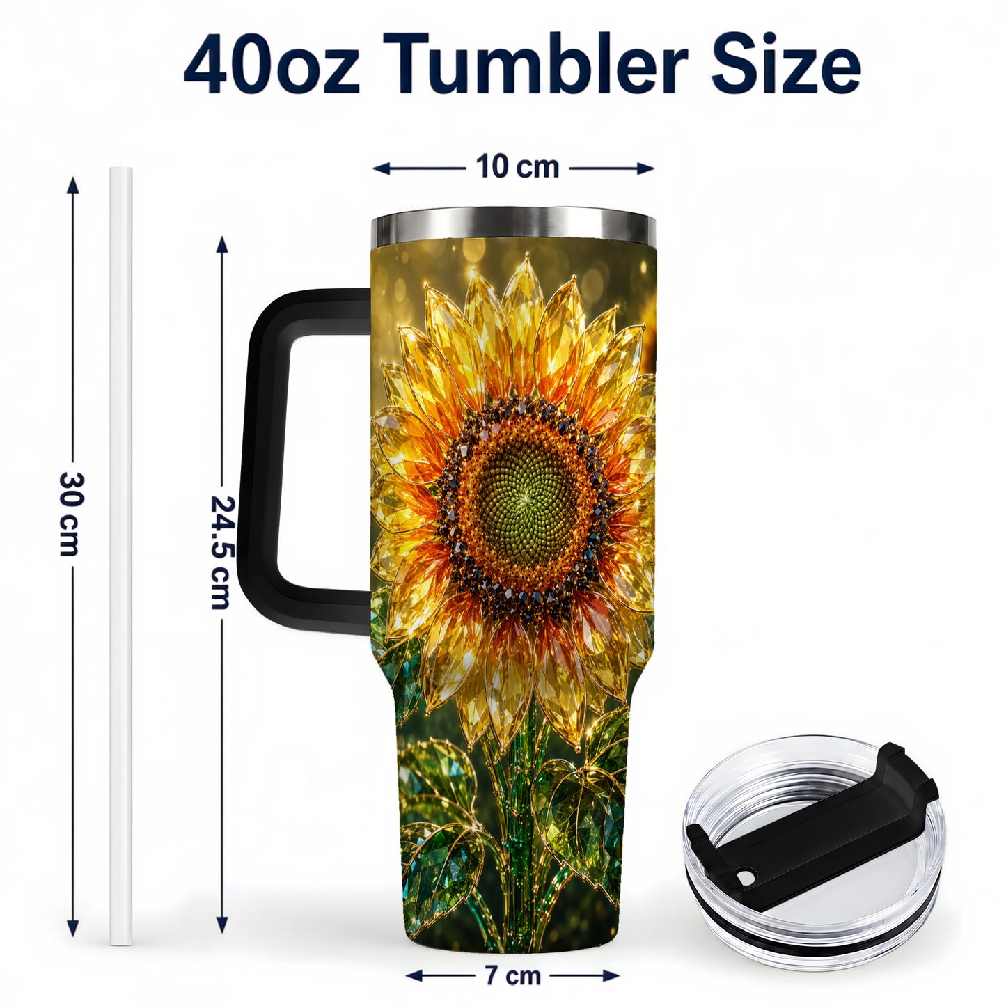 #pl[40oz|Black] Radiant Sunflower 40oz Tumbler with Handle, Floral Travel Cup