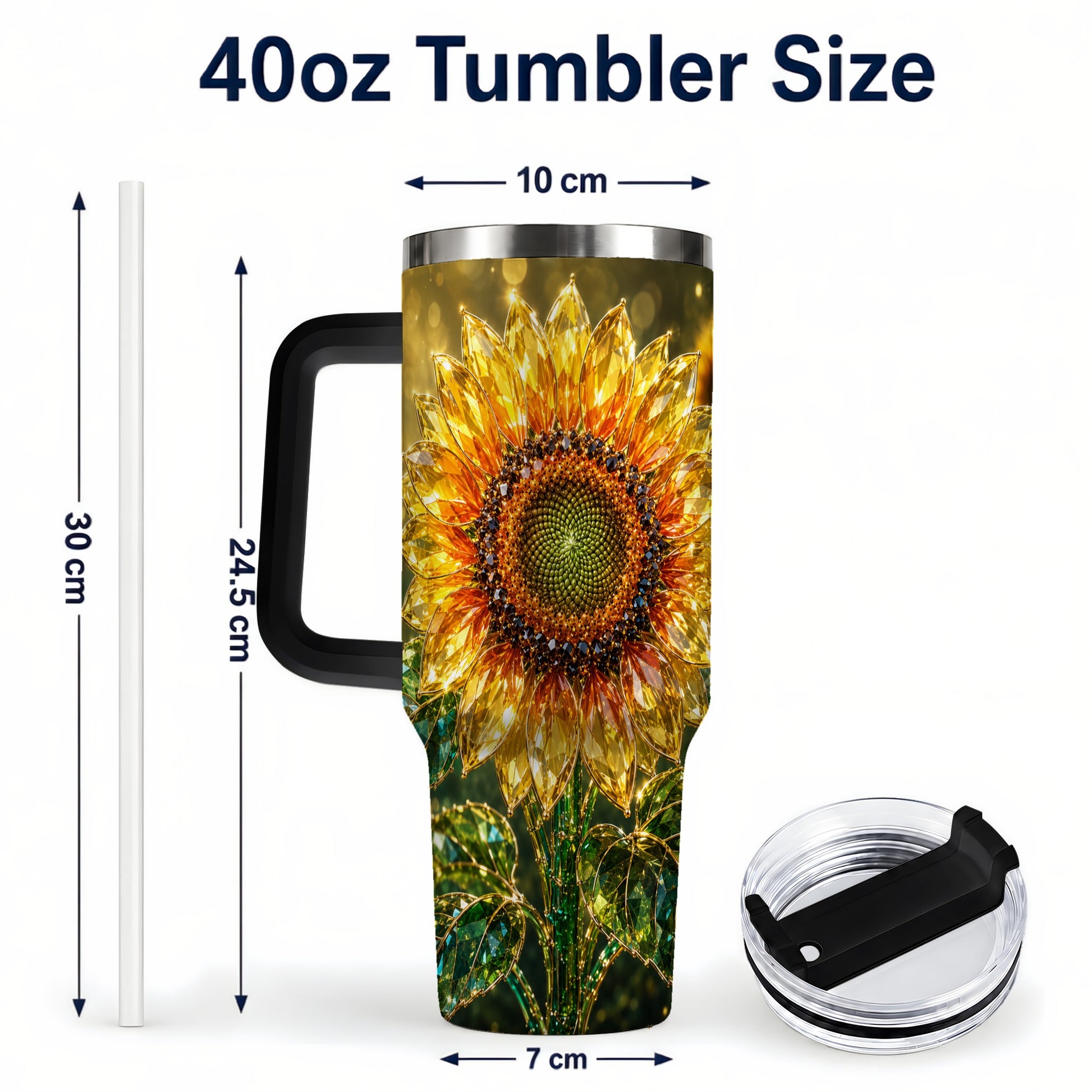 #pl[40oz|Black] Radiant Sunflower 40oz Tumbler with Handle, Floral Travel Cup