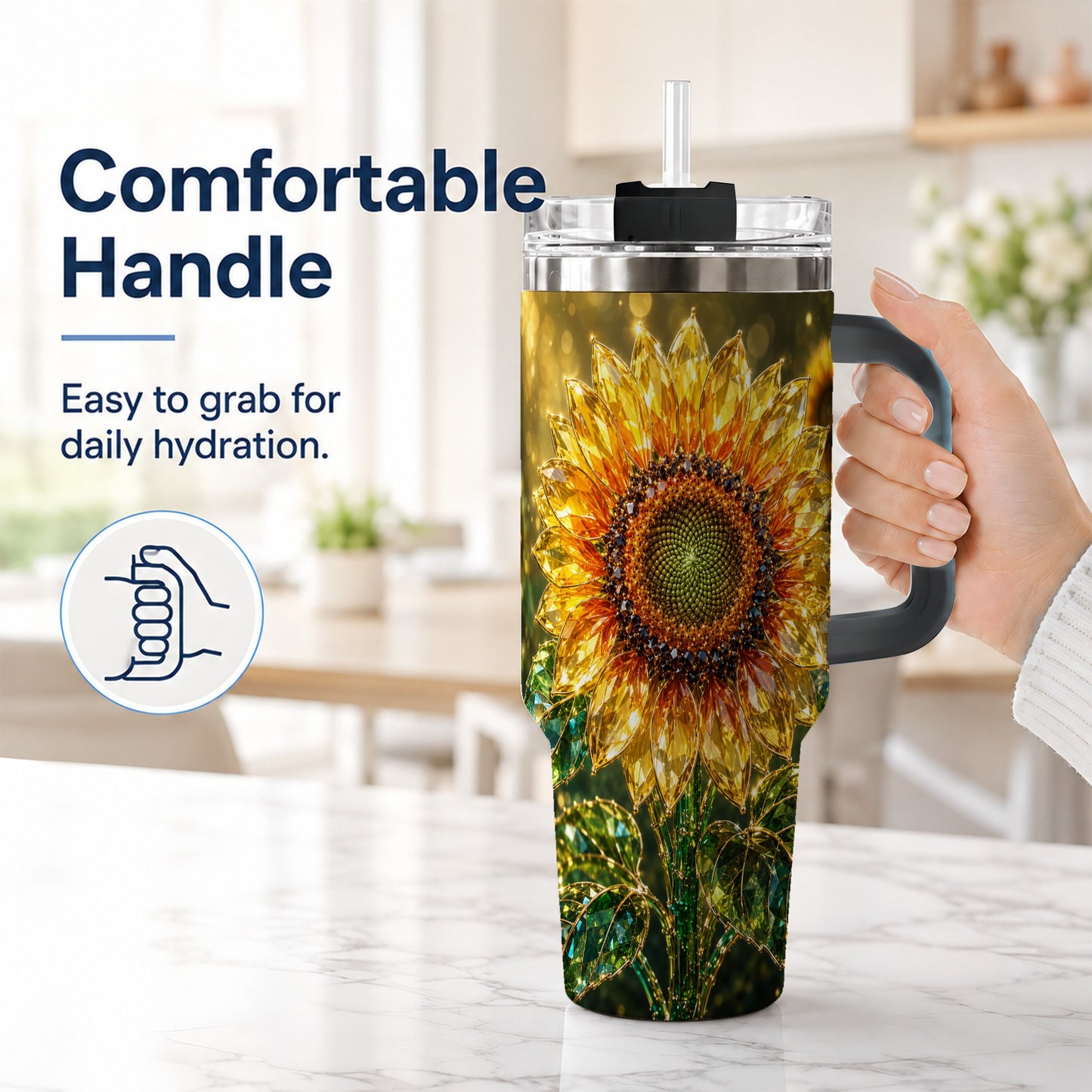 #pl[40oz|Black] Radiant Sunflower 40oz Tumbler with Handle, Floral Travel Cup