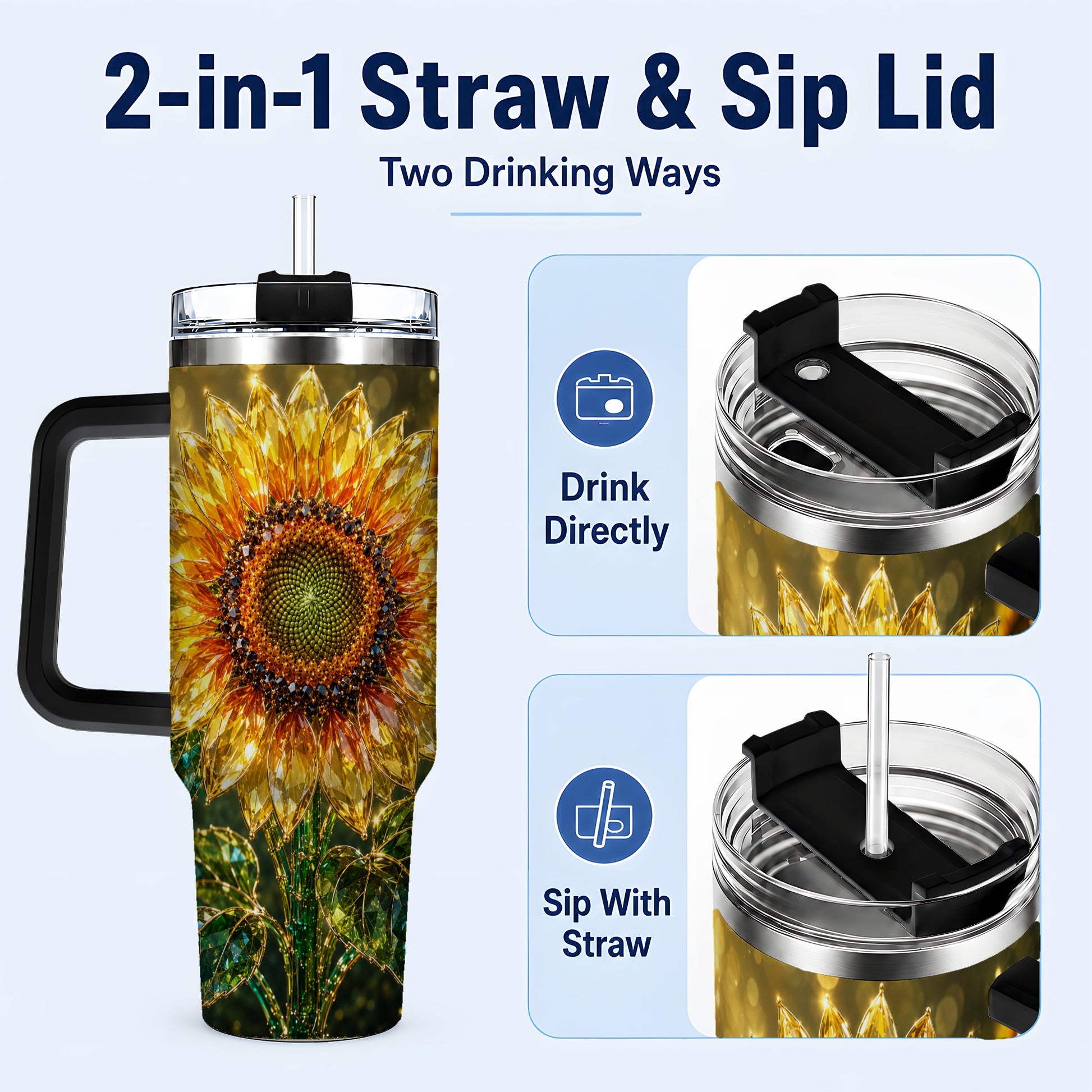 #pl[40oz|Black] Radiant Sunflower 40oz Tumbler with Handle, Floral Travel Cup