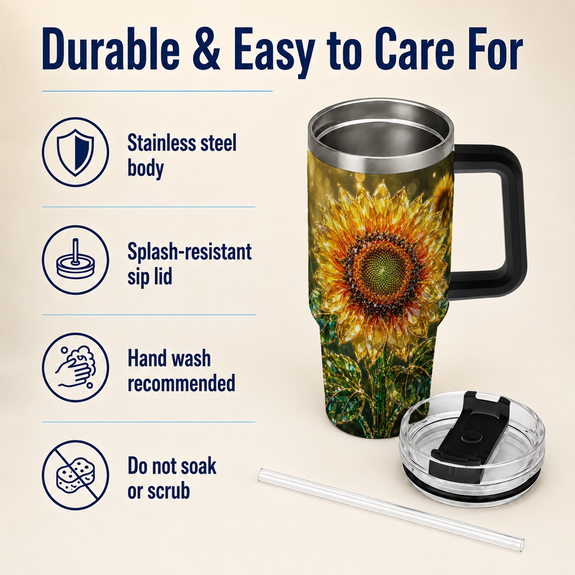 #pl[40oz|Black] Radiant Sunflower 40oz Tumbler with Handle, Floral Travel Cup
