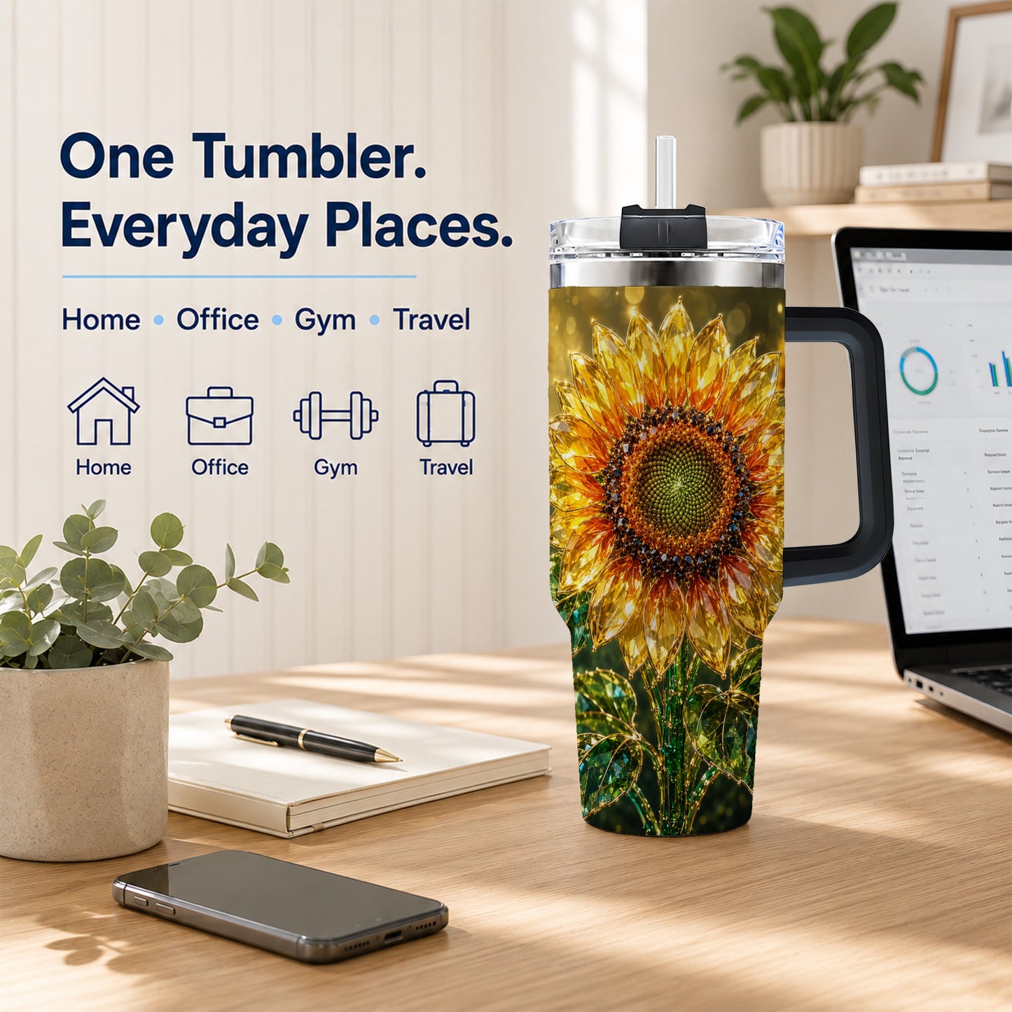 #pl[40oz|Black] Radiant Sunflower 40oz Tumbler with Handle, Floral Travel Cup