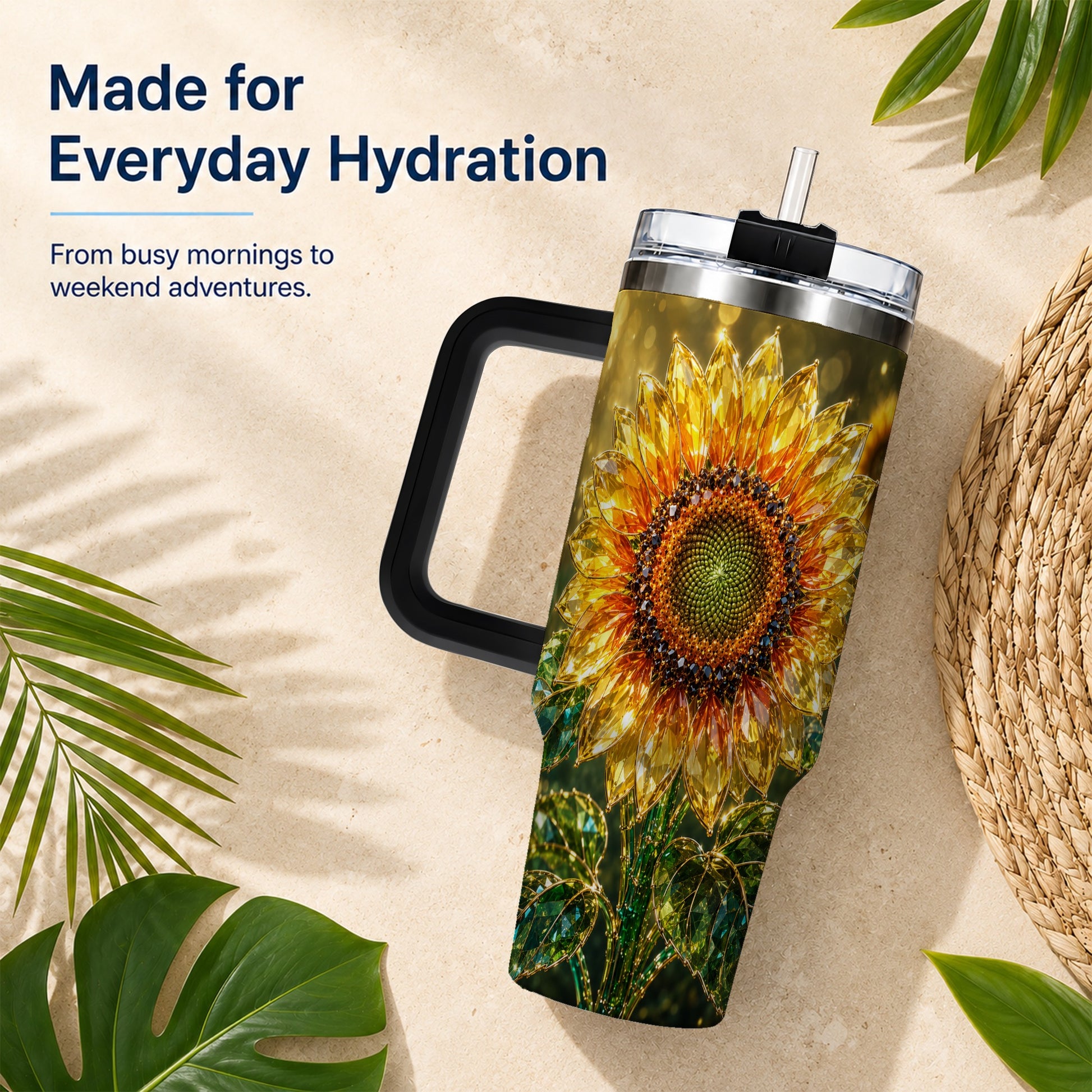 #pl[40oz|Black] Radiant Sunflower 40oz Tumbler with Handle, Floral Travel Cup