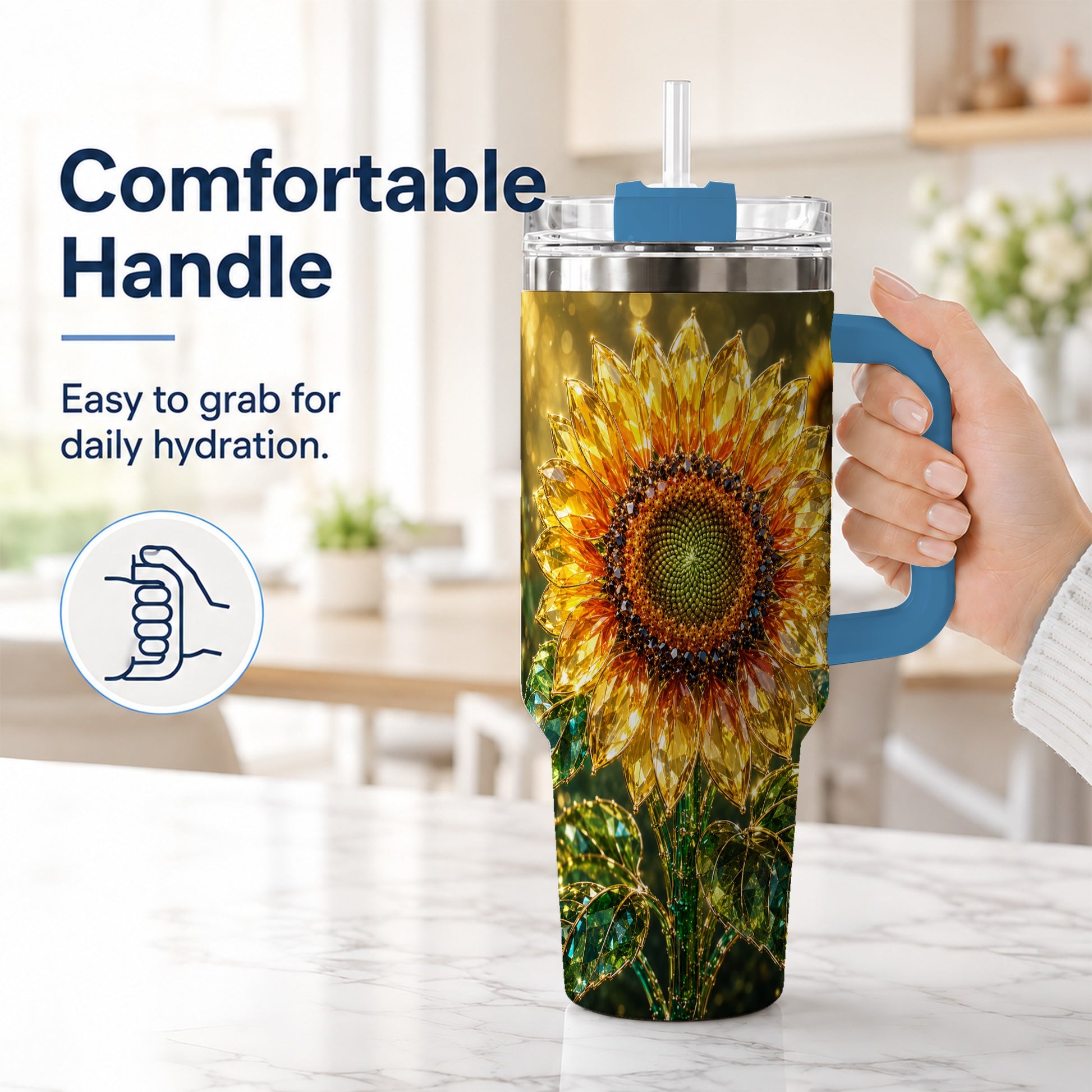 #pl[40oz|Blue] Radiant Sunflower 40oz Tumbler with Handle, Floral Travel Cup