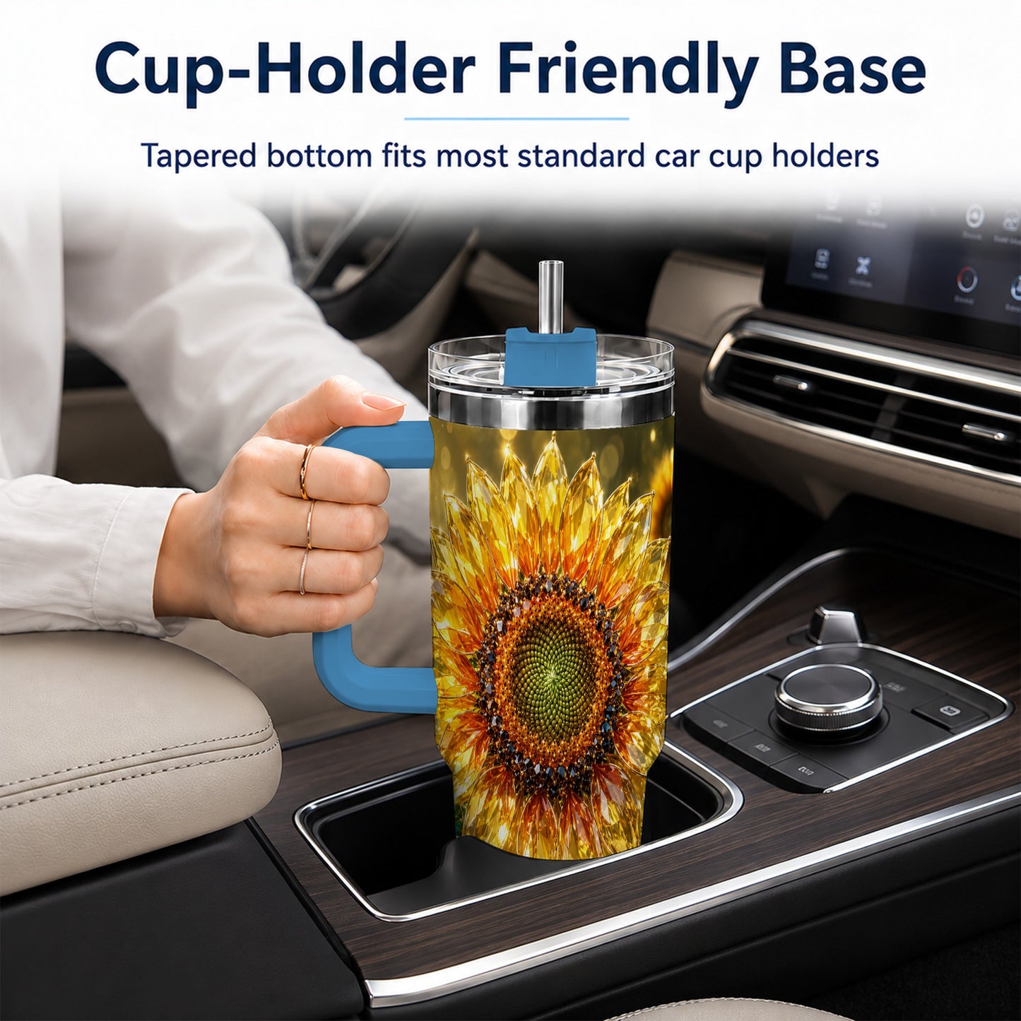 #pl[40oz|Blue] Radiant Sunflower 40oz Tumbler with Handle, Floral Travel Cup