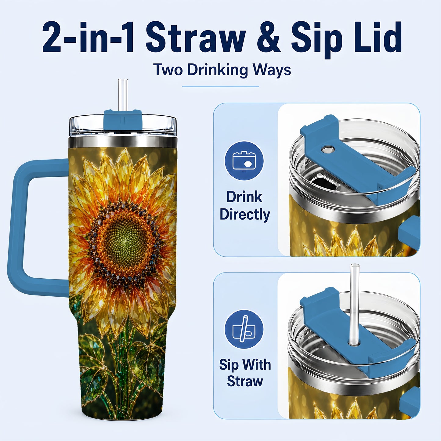 #pl[40oz|Blue] Radiant Sunflower 40oz Tumbler with Handle, Floral Travel Cup