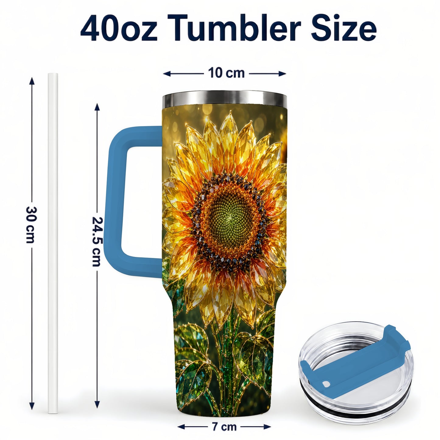 #pl[40oz|Blue] Radiant Sunflower 40oz Tumbler with Handle, Floral Travel Cup